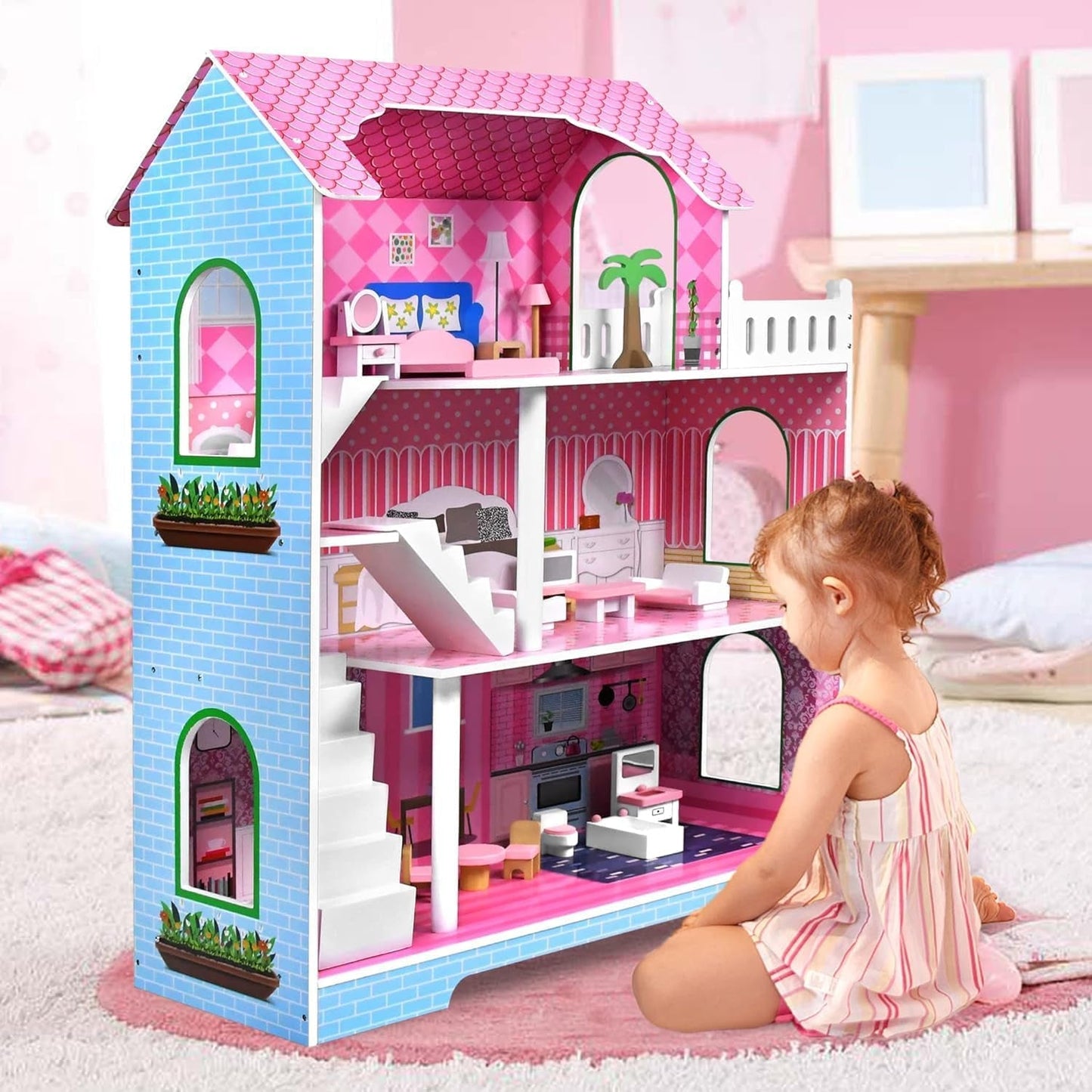 HENGMEI Puppenhaus Kinder Holz Puppenvilla Dollhouse Set Mädchen Spielset 3 Etagen Haus mit Möbeln och Zubehör, 70x30x100cm Puppenhäuser für Kinder (Typ B)