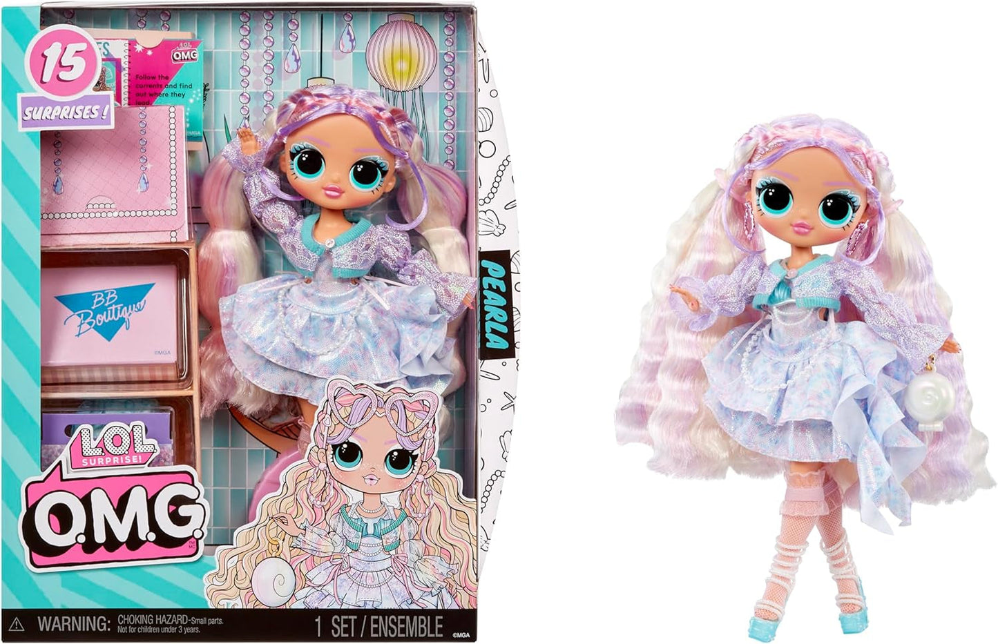 LOL Överraskning! OMG Pearla modedocka med 15 överraskningar - Docka med outfit i sjöjungfrustil och tillbehör - för åldrarna 4 och uppåt
