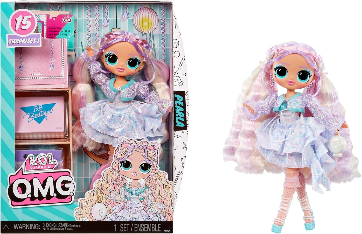 LOL Överraskning! OMG Pearla modedocka med 15 överraskningar - Docka med outfit i sjöjungfrustil och tillbehör - för åldrarna 4 och uppåt