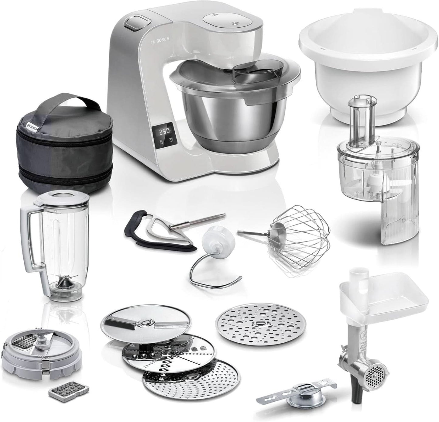 Matberedare Bosch Series 4 MUM5X720, integrerad våg, skål i rostfritt stål 3,9L, mixer 1,25L, 1000W Tillbehör Mat och amning Baby Naty Shop Single Silver Grey 6 tillbehör