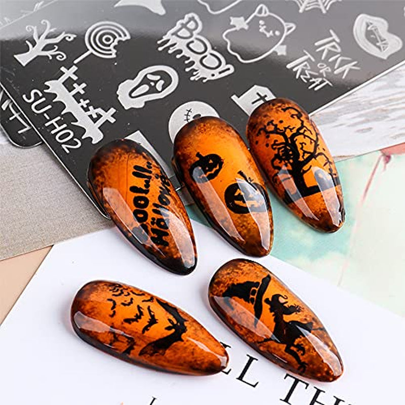 JMEOWIO Nail Stamping Stencils Halloween 6 Stück Nagelstempel Stencils Nail Art Dekoration Nageldesign Zubehör Böse Gruselige Kürbis-Geisterhexe
