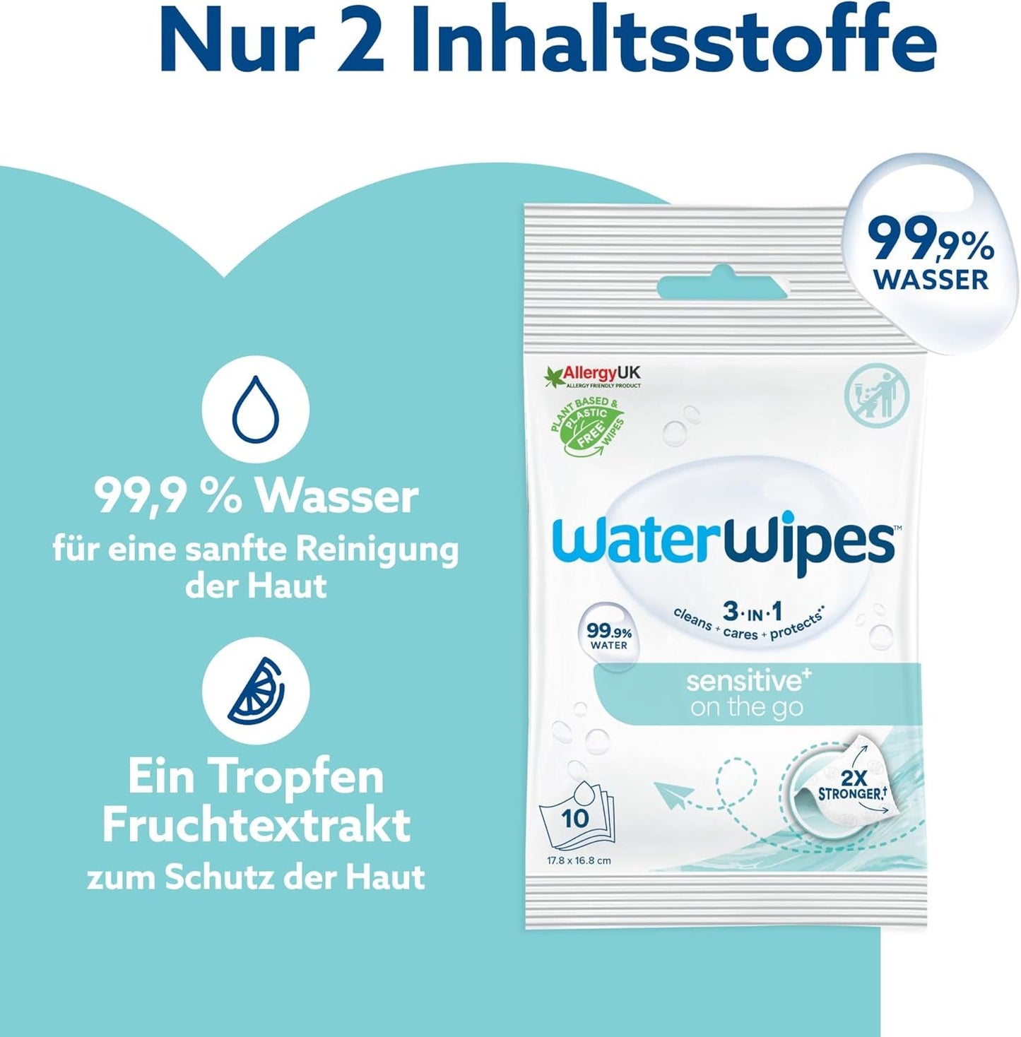 WaterWipes Sensitive+ On The Go våtservetter, 100 våtservetter (10-pack), 3 i 1 rengöringar, vårdar, skyddar, 99,9 % vatten, parfymfria våtservetter