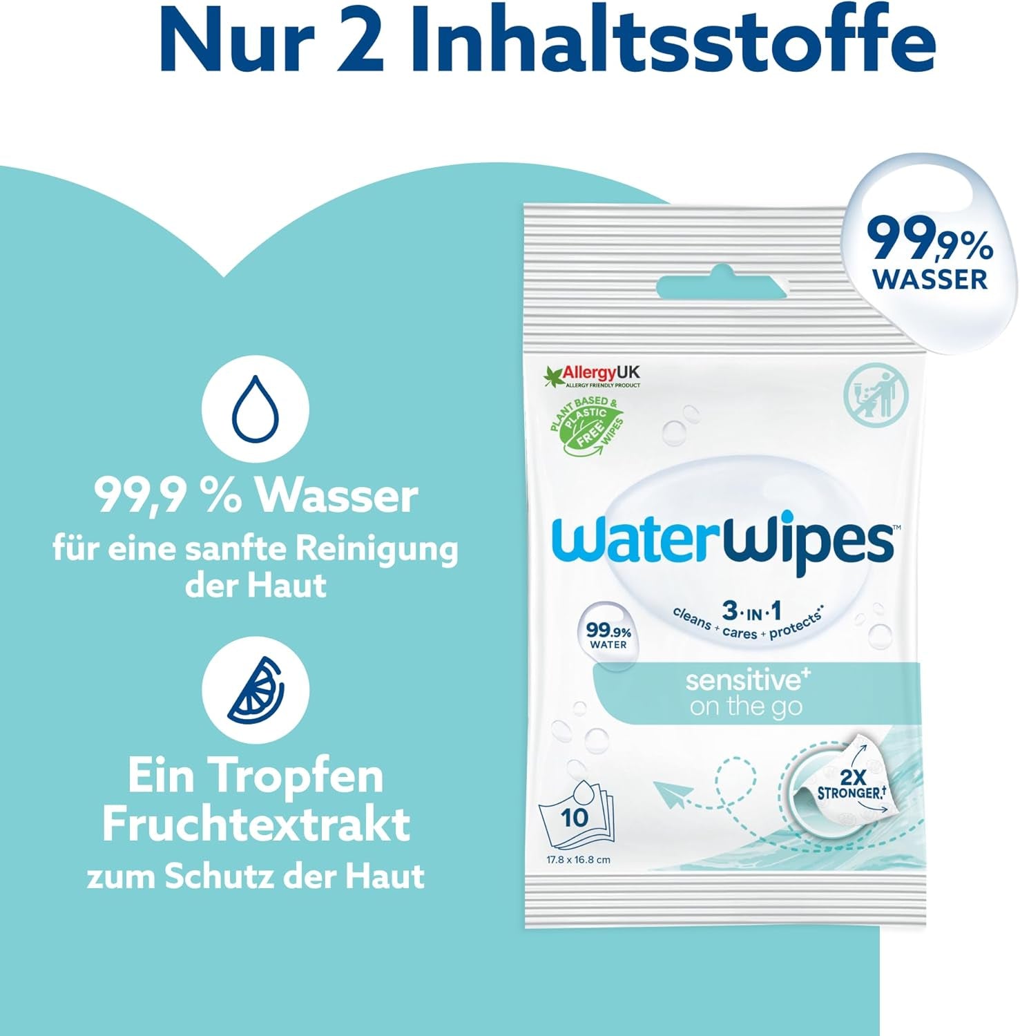 WaterWipes Sensitive+ On The Go våtservetter, 100 våtservetter (10-pack), 3 i 1 rengöringar, vårdar, skyddar, 99,9 % vatten, parfymfria våtservetter