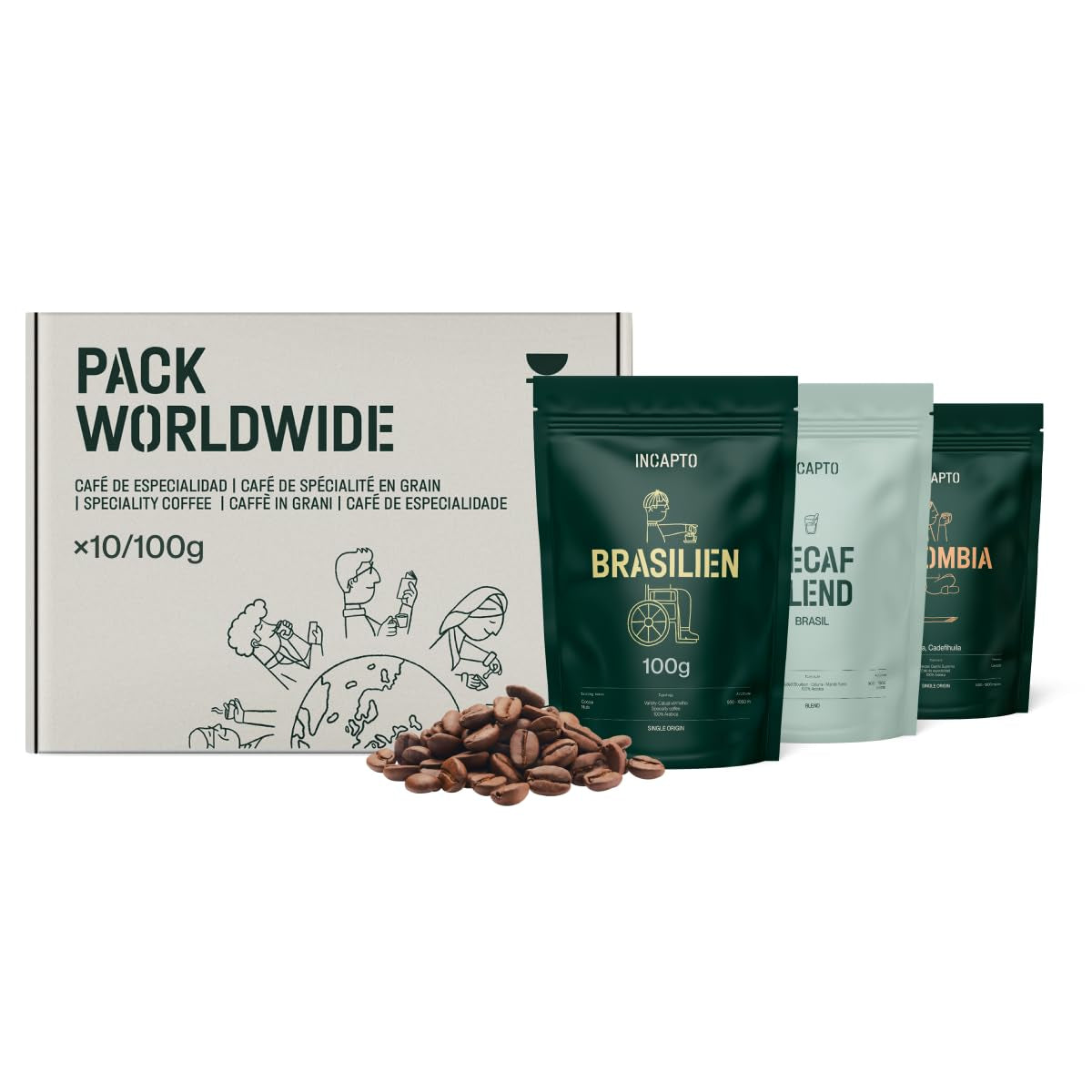 Urval av Incapto-kaffebönor över hela världen | Urval av 10 ursprung från hela världen | Specialkaffe | 100 % Arabica | Perfekt som kaffepresentset | För kaffeälskare | 10 förpackningar x 100g