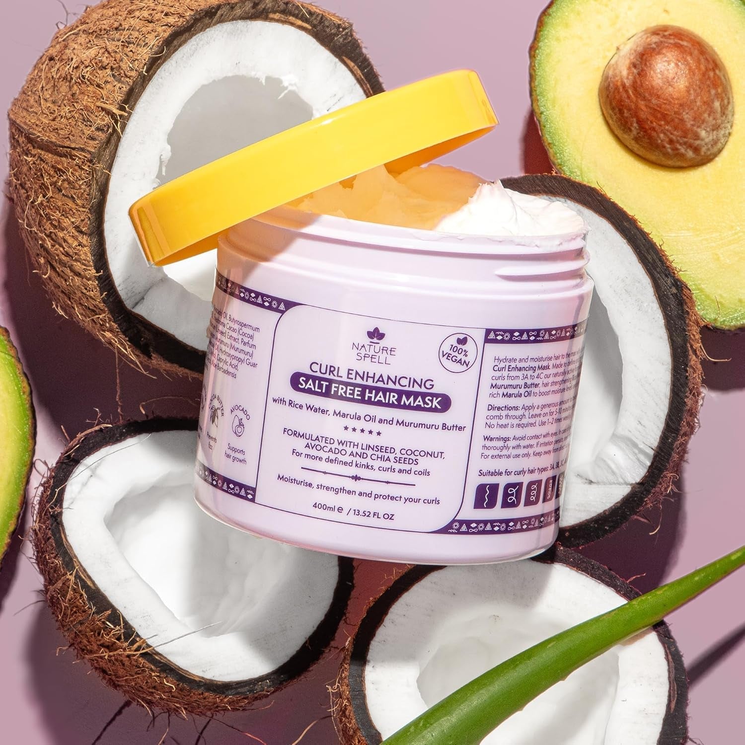 Hårmask för lockigt hår by Nature Spell 400ml - berikad med risvatten och linfrö, för alla locktyper, sulfatfri Naty Shop hårmask