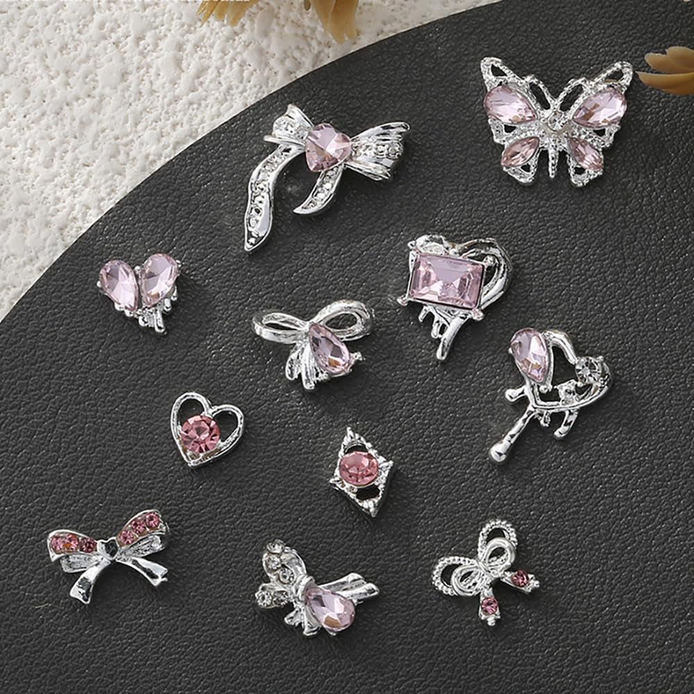 Luxus Rosa Diamant Nagel Charms 3D Butterfly Nail Art Charms Bow Nail Charms Y2K Heart Charms Nägel Zubehör Schmetterling Herz Schleife Nageldesign Edelsteine ​​​​Strasssteine ​​Glitzersteine ​​Nagelschmuck