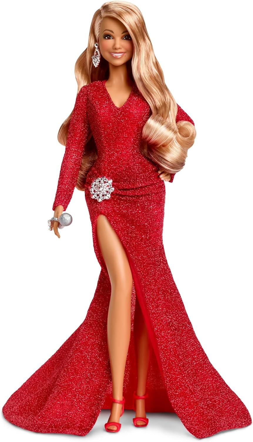 Barbie Mariah Carey - Samlardocka med gnistrande röd klänning, volanger, slits, charmiga lockar, silvertillbehör, röda höga klackar, jultradition, dekoration, HJX17