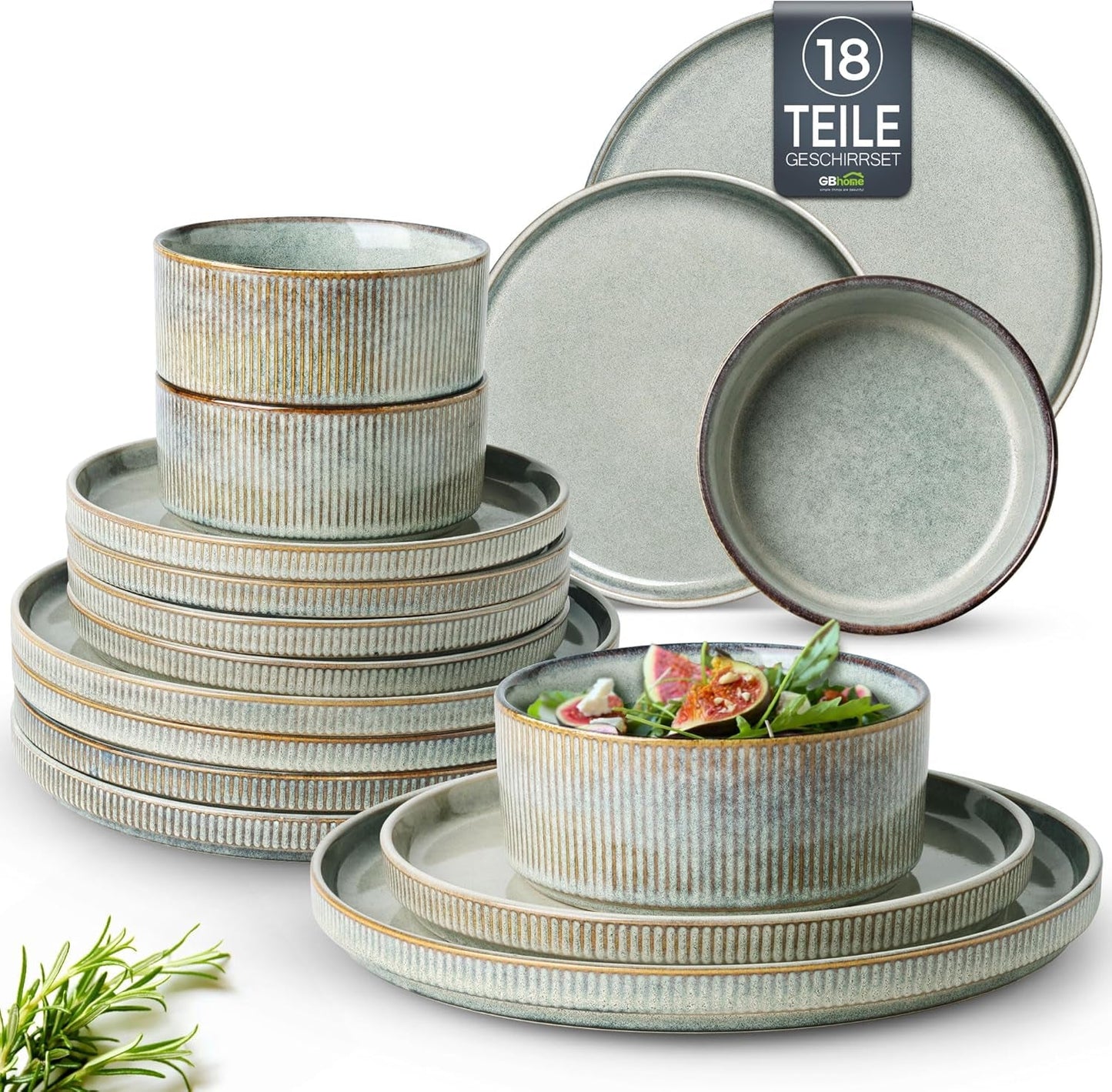 GBhome keramiskt servisset för 6 personer 18 delar Reactive Glaze Handgjort porslinsservisset Mikrovågs- ​​och diskmaskinssäkert Skål- och tallrikset