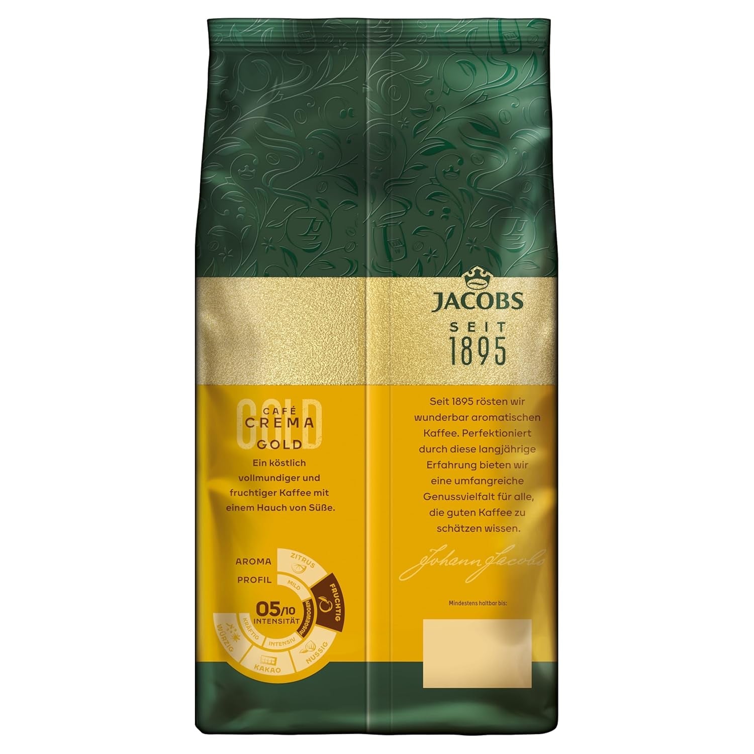 Jacobs Café Crema Gold kaffebönor 1 kg – Vollmundig, Aromatisch, Fruchtige noter, Arabica & Robusta bönor, Intensität 5/10, perfekt för Café Crema Naty Shop