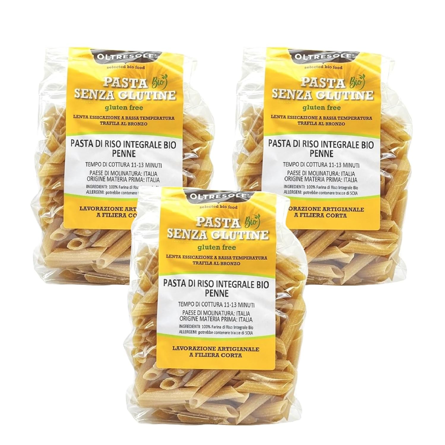 - Paste di Riso Integrale Biologica Italiana Glutenfri, Penne Format - glutenfri pasta, 100 % ekologiskt rismjöl, fiberrikt, veganskt, förpackning med 3 förpackningar om 350 g