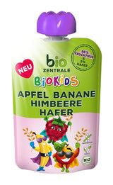biocentral BioKids Fruktpuré Äpple Banan Hallon Havre | 12 x 90g | Fruktigt mellanmål utan tillsatt socker | Vegansk