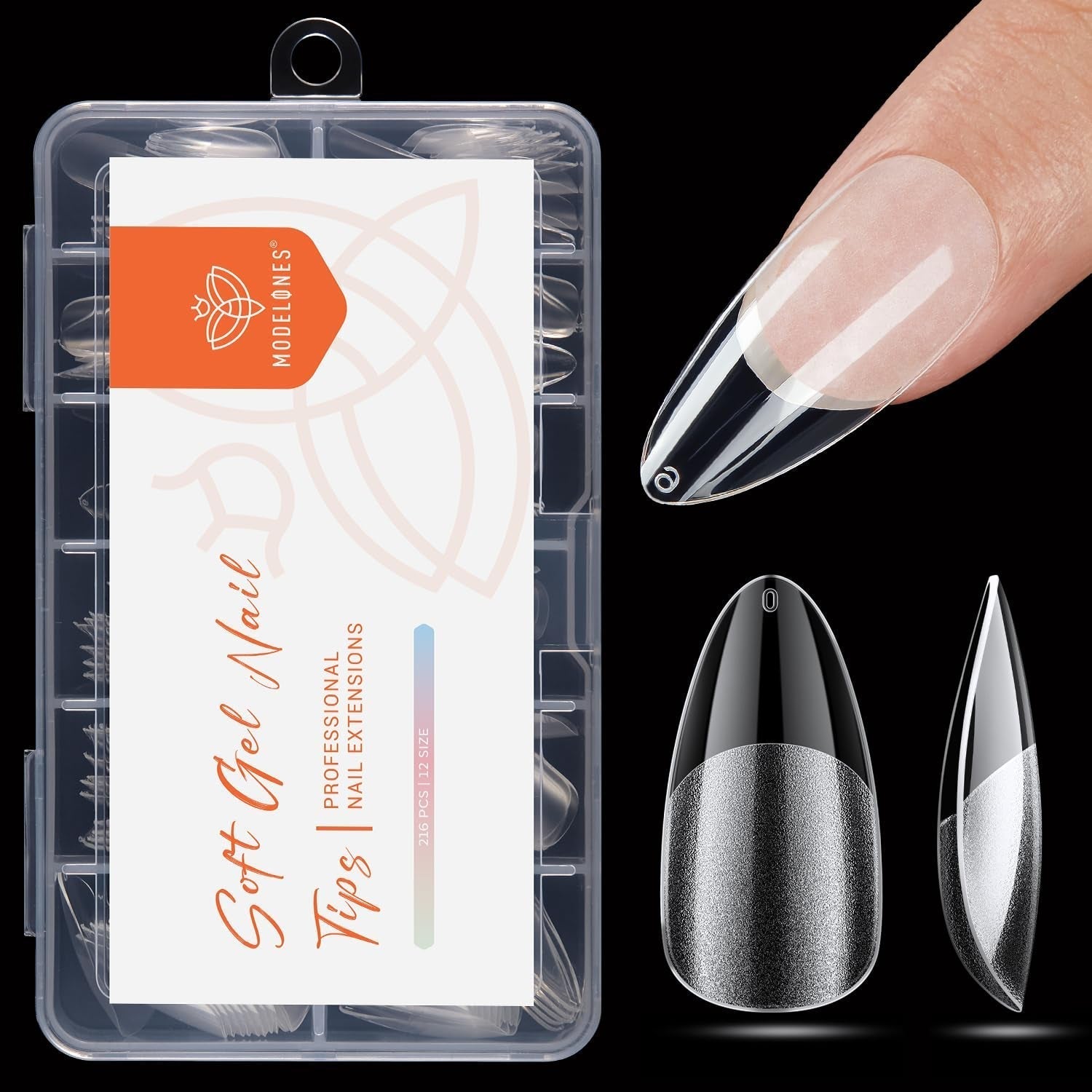 Modelones Nail Tips 216 bitar - Heltäckande Nail Tips Set, Soft Gel Tips Set, Pre-Polishing PMMA Resin Nail Tips, DIY Lime On Nail Art konstgjorda naglar, korta mandlar XS