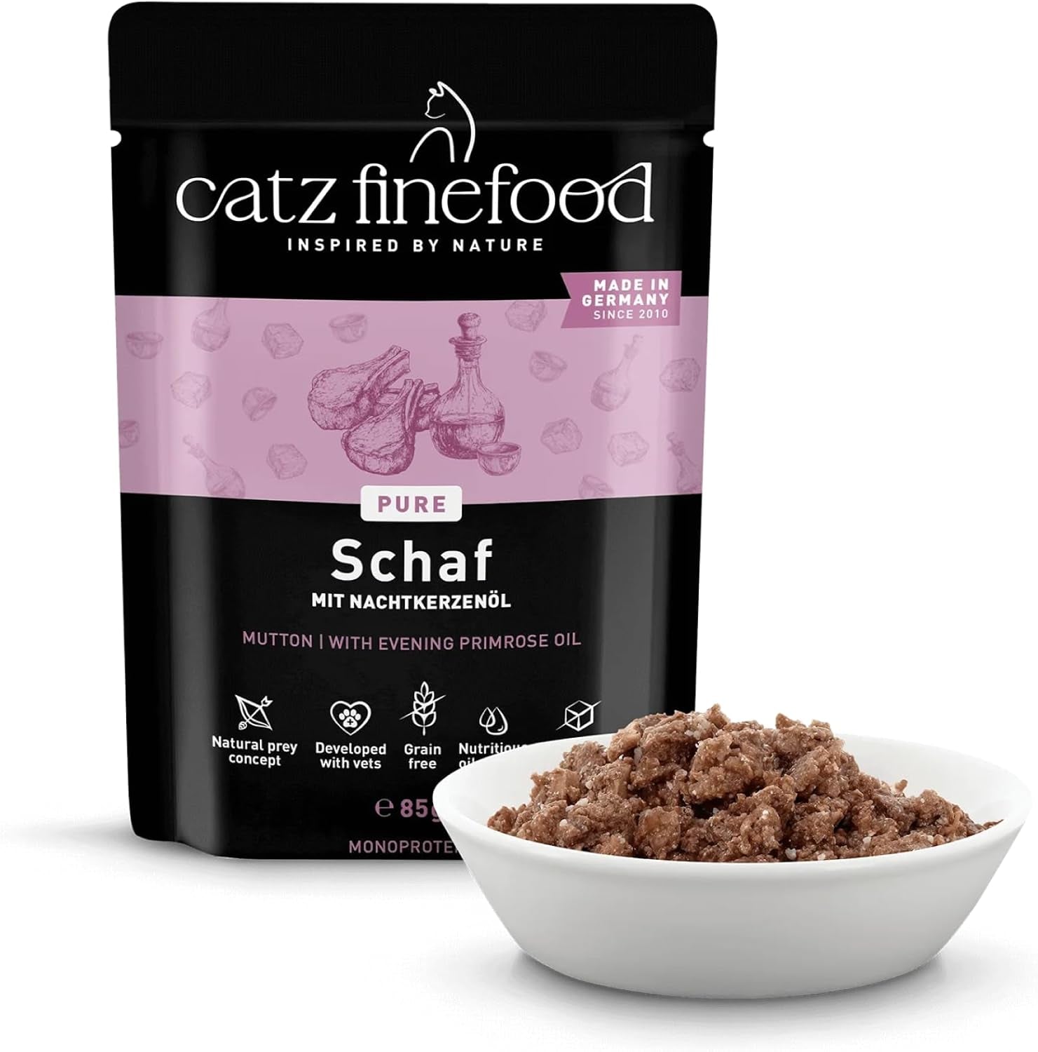 Våtfoder för katter Catz Finefood Purrrr Får Monoprotein nr. 113, för katter med känslig matsmältning, 70 % kötthalt, 16 påsar à 85 g vardera