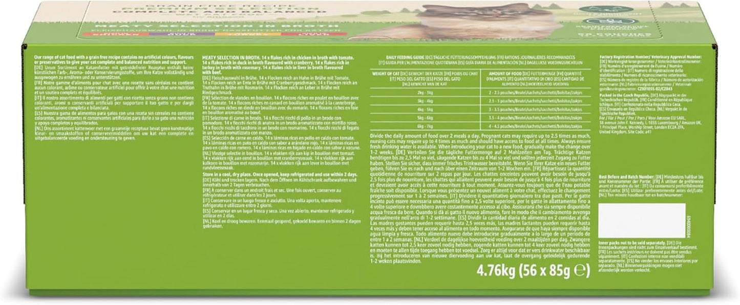 Amazon spannmålsfritt vått kattfoder för vuxna katter Köttval i buljong 4,76 kg 56 förpackningar om 85 g (tidigare livslångt)