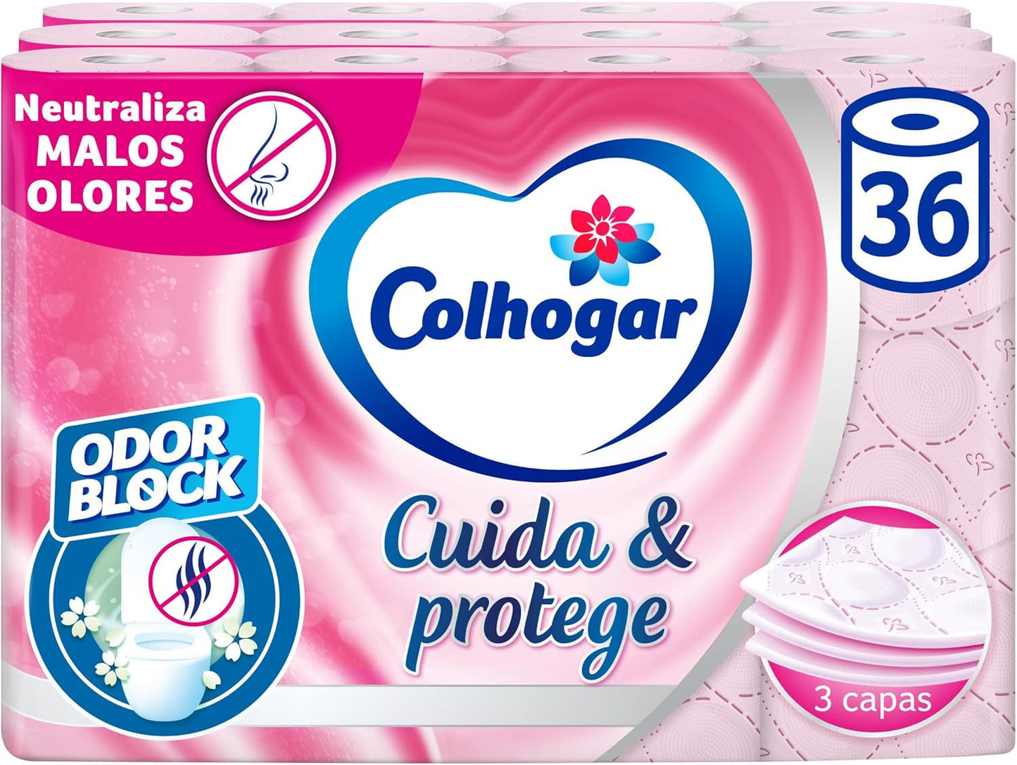 Colcasa Care & Protect 3 X 12 toalettpapper med luktblocksteknologi, neutraliserar dåliga lukter, 36-rullars paket, 3-lagers, fräscht doftande rosa rullar