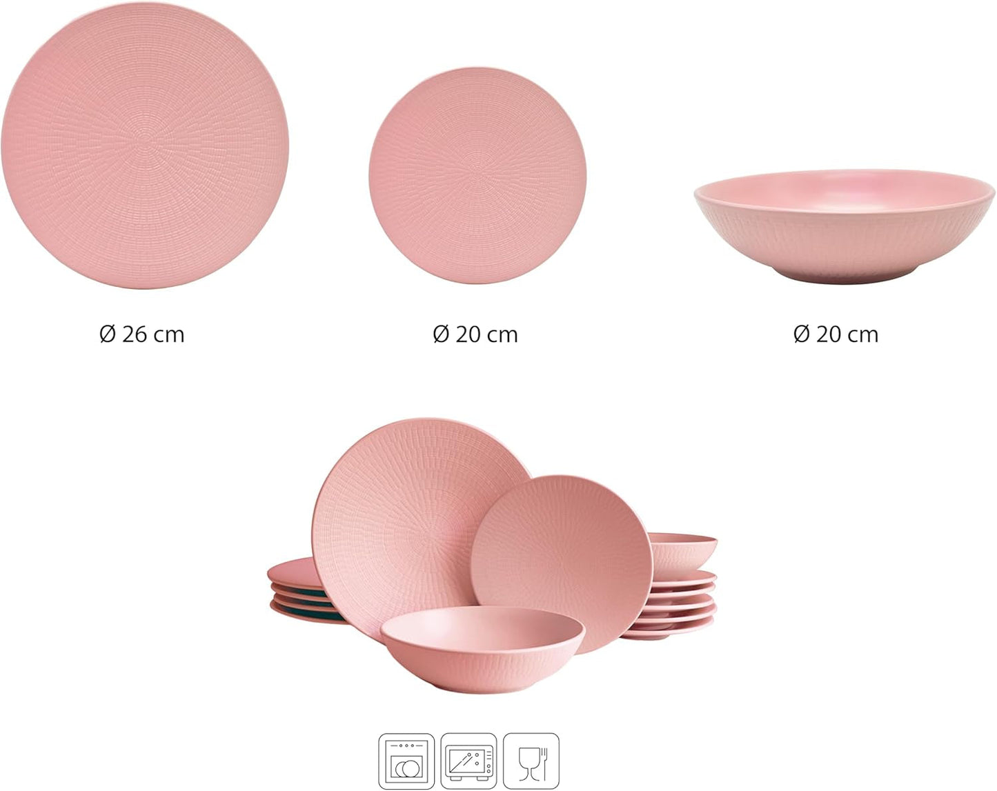 ECHTWERK Vintage servisset 12 delar naturlig design "Blanka" 4 personer elegant texturerat stengods servisset med 4 mattallrikar 4 sidotallrikar 4 mattallrikar Rosa