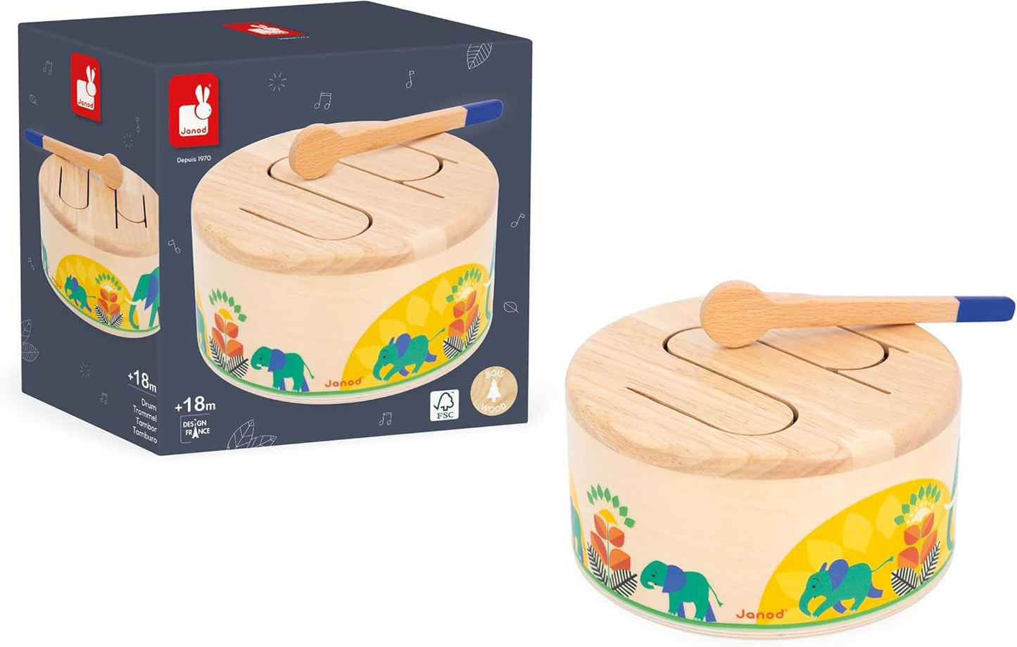 Janod - Gioia Drum - FSC trätrumma + trumma - Rollspel och tidig musikalisk utbildning - Akvarell - Från 18 månader, J07650 Bebe Toys Naty Shop