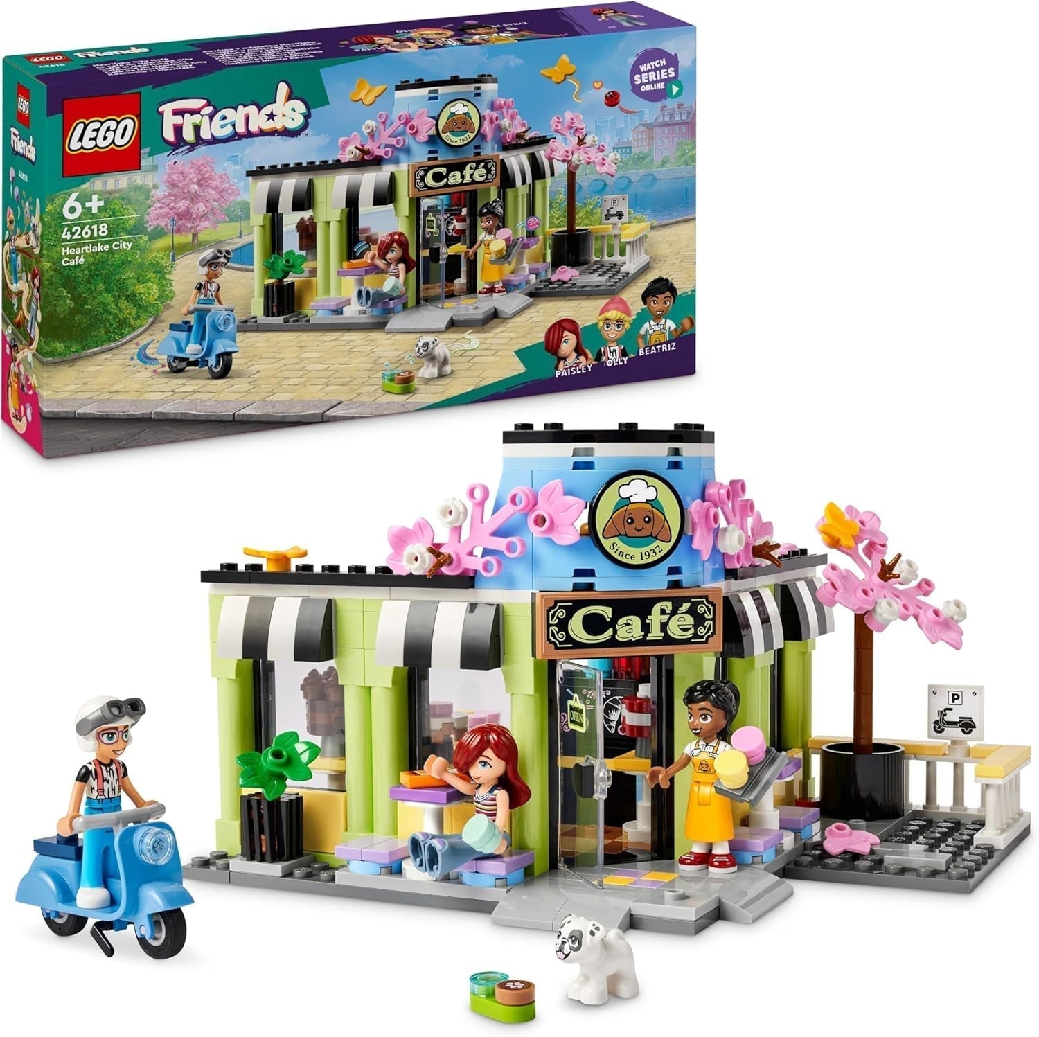 LEGO Friends Heartlake City Café, barnleksak, leksaksbageri, presentidé för flickor och pojkar i åldern 6+, set med 3 lekfigurer och hundfigur 42618 Byggset Besuche den LEGO-Store Standardtitel