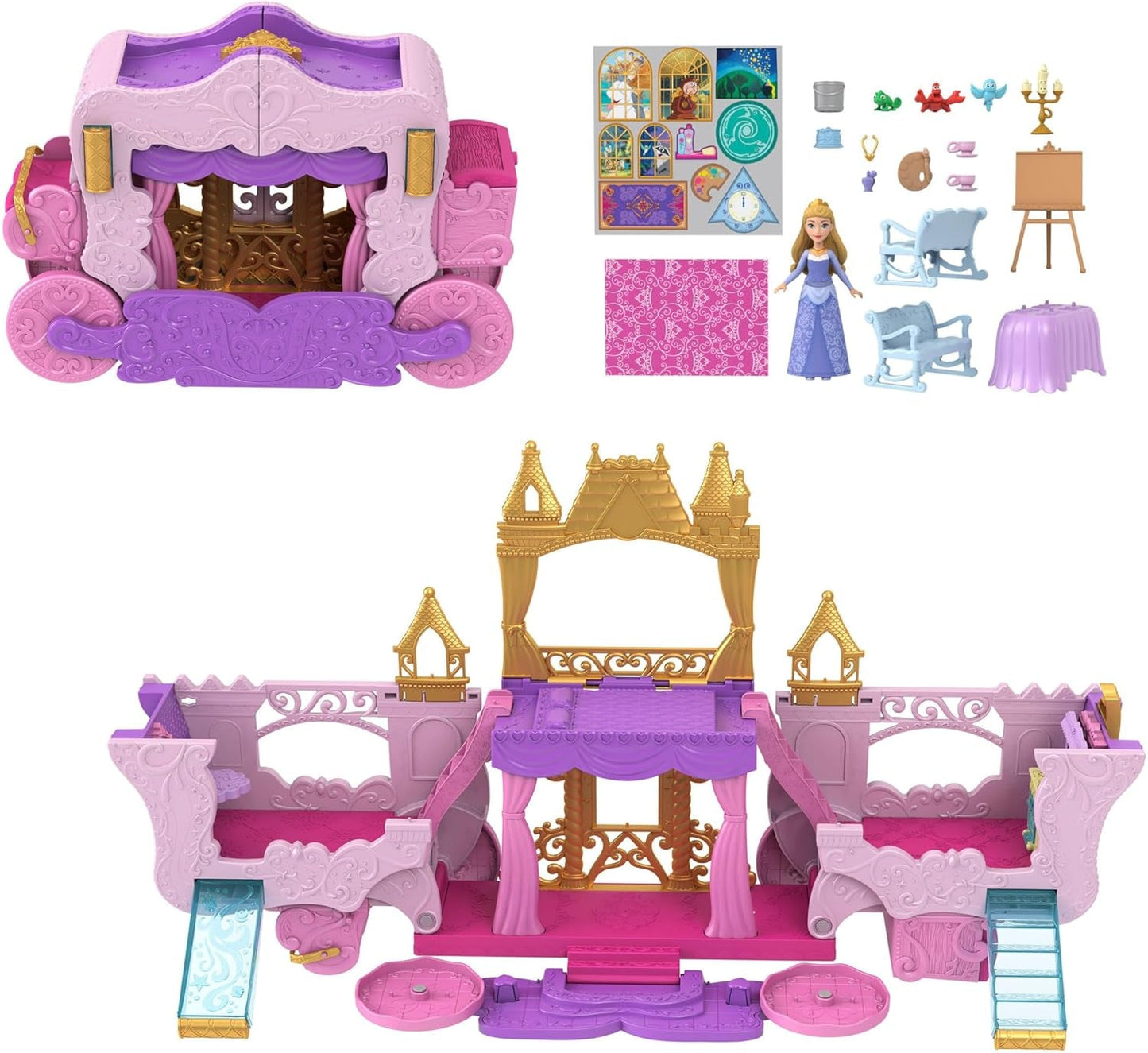 Mattel Disney Princess förvandlar leksetet vagn till slott med liten norrskensdocka, 3 nivåer, 6 lekytor, 4 figurer, möbler och tillbehör HWX17 Dolls Naty Shop Multicolor