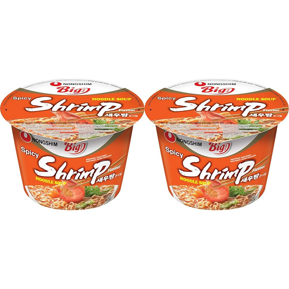 Nong Shim Instant Nudlar med räkor, stor skål - Koreansk Ramen Soppa - Snabb förberedelse - 115 g (1 förpackning)
