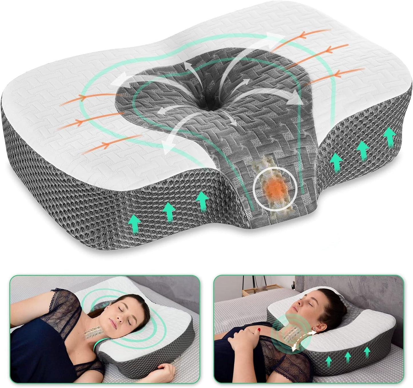 Elviros Memory Foam Ortopedisk kudde, Nacksmärtskudde, Sömnkudde, Ergonomisk Nackkudde, Nackstödskudde, Anti Snarkningskudde för sidosliprar, Magsliprar, Vita cervikala ortopediska kuddar Naty Shop Vit 60 X 38,6 X 9,9/13,5 Cm