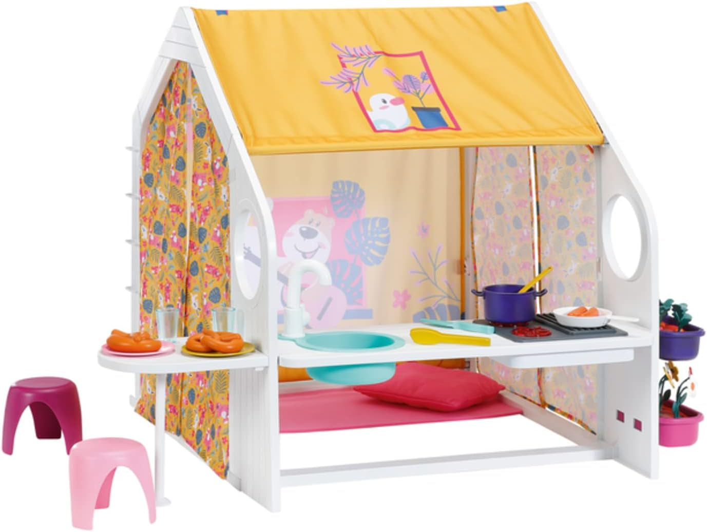 BABY born Dollhouse, Weekend House med ljus- och ljudfunktion, öppningsbara sidopaneler, diskho, grill och många tillbehör, 832752, Zapf Creation