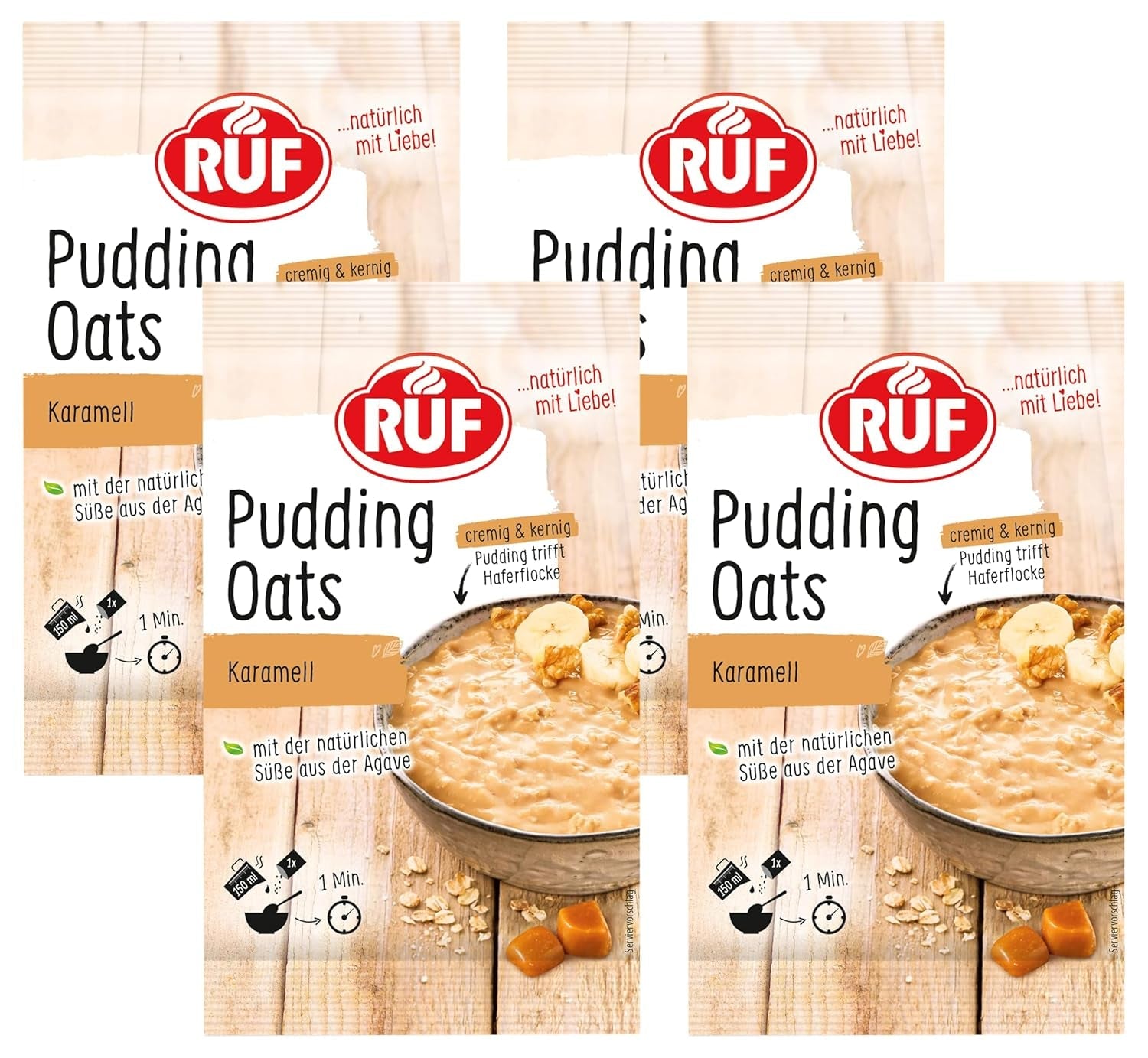 Caramel Oat Pudding, en harmonisk blandning av kolapudding och fullkornshavre, sockerfri, sötad med agavesirap, 1 påse x 64g (4-pack)