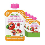FRECHE FREUNDE Bio Quetschie Apple, Erdbeere, Himbeere mit Grieß, Fruchtmus mit Getreide i Quetschbeutel für Babies från 6. Månad, vegansk, 6er Pack (6 x 100g)