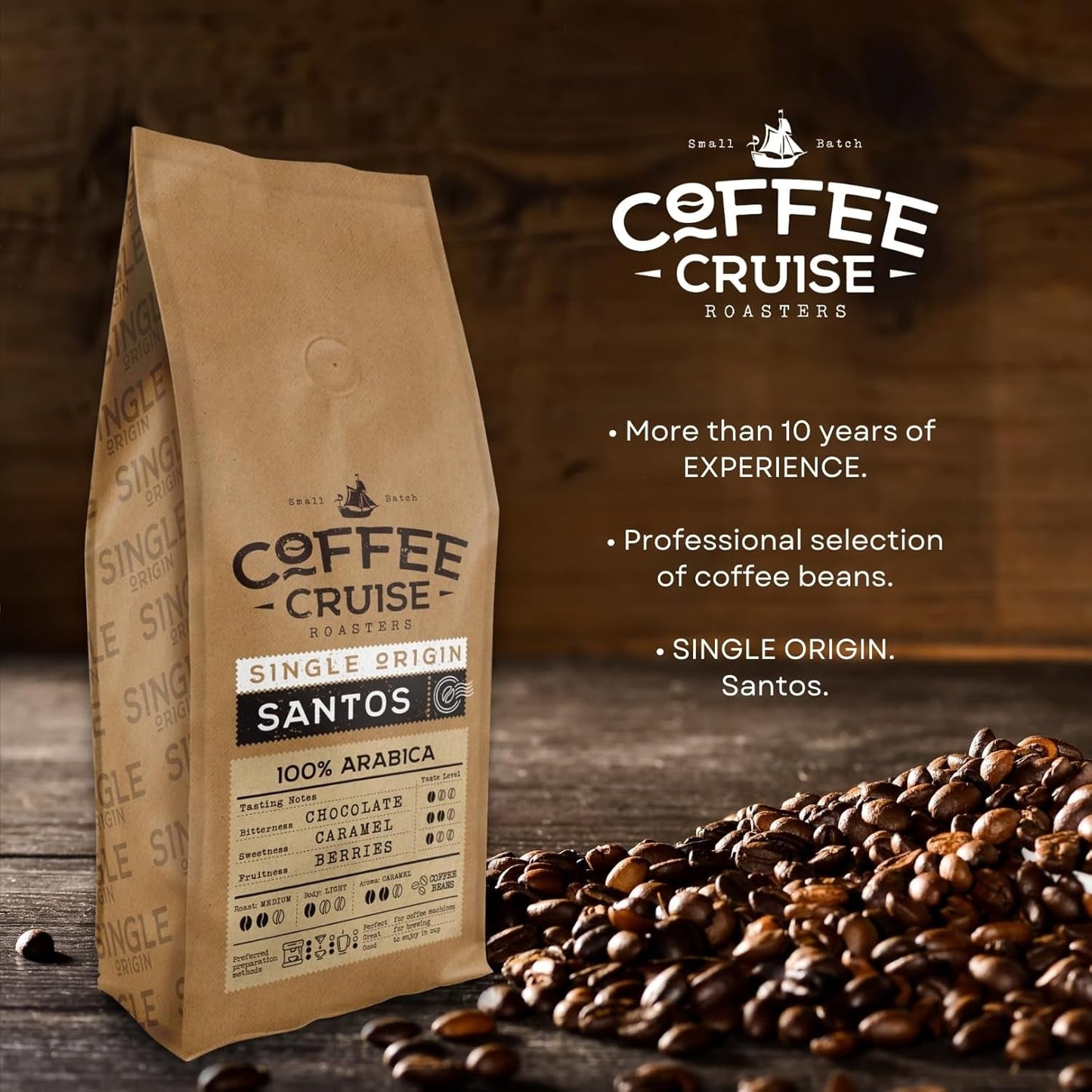 COFFEE CRUISE Santos Kaffeebohnen 1kg - Mittlere Röstung - Aroma Caramel - Für All Kaffeemaschinen - 100% arabiska