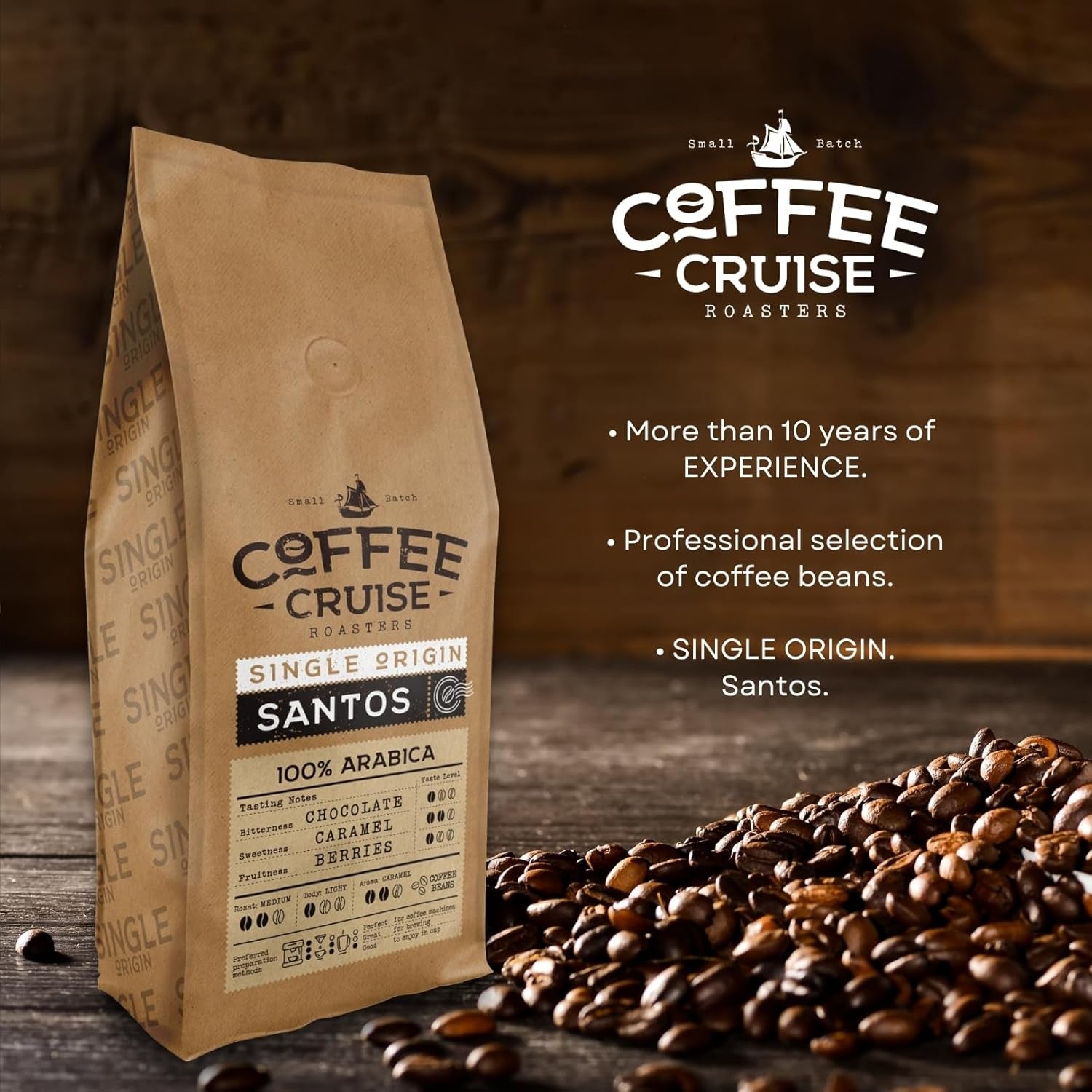 COFFEE CRUISE Santos Kaffeebohnen 1kg - Mittlere Röstung - Aroma Caramel - Für All Kaffeemaschinen - 100% arabiska