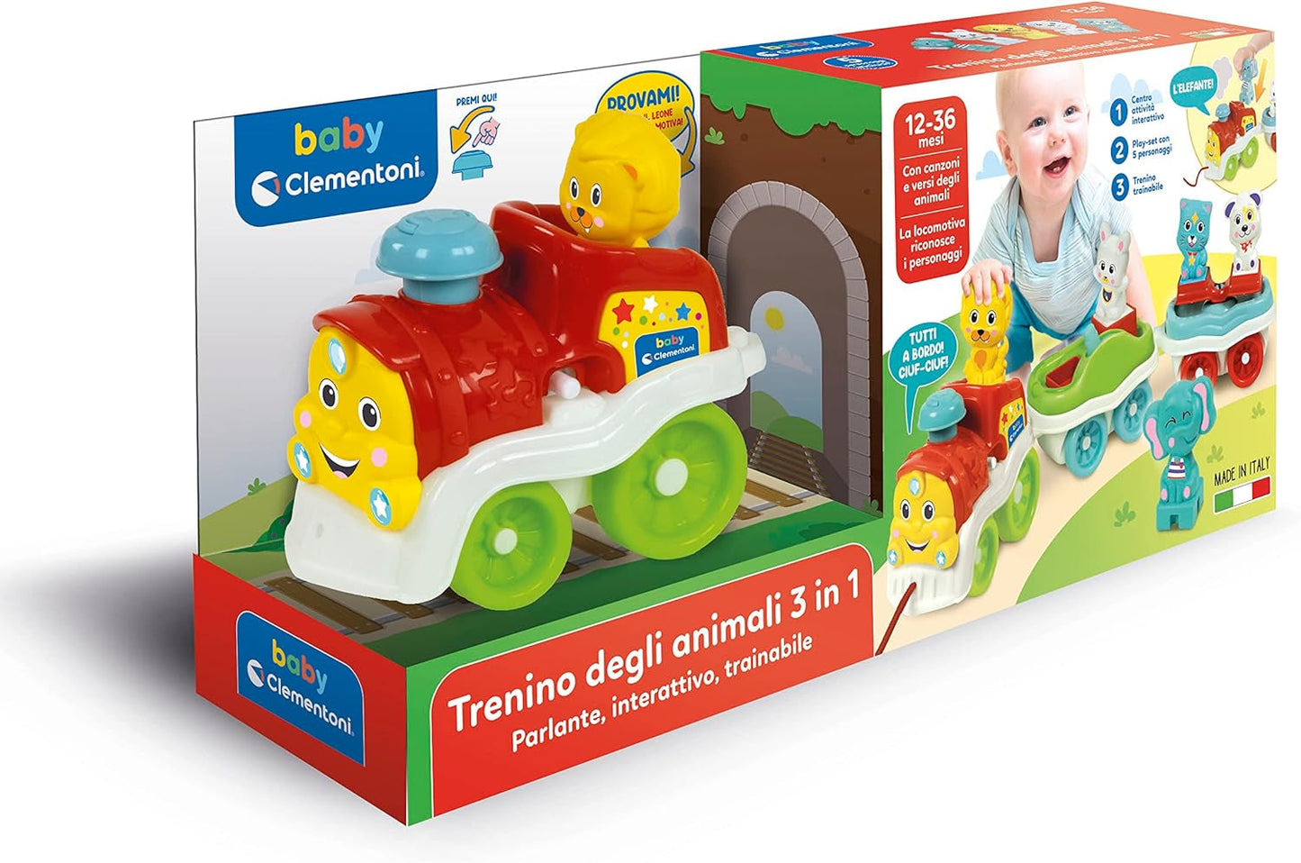 Clementoni Animali-3 Talking Interactive Expandable Electric Train Toy for 1 Year Old Baby (italiensk version) Tillverkad i Italien Flerfärgad 17740 Jucarii Bebe Naty Shop