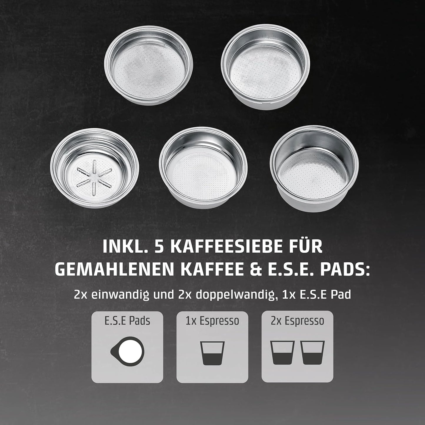 CASO EspressoGourmet Crema - Portafilter espressomaskin med mjölkskummare, espresso, cappuccino, rostfritt stål portafilter, ULKA 20 bar pump, kaffemaskin, malet kaffe, ESE kapslar