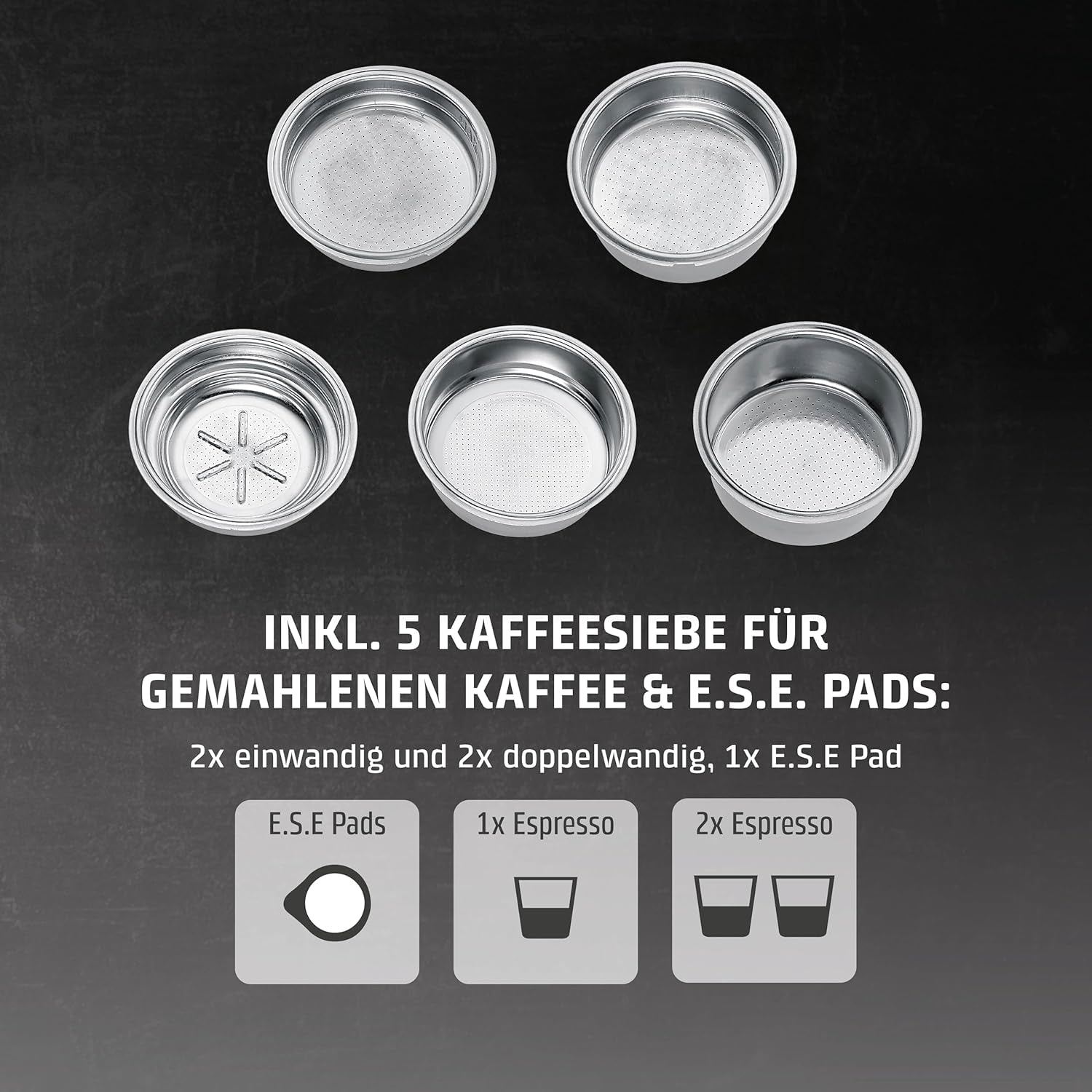 CASO EspressoGourmet Crema - Portafilter espressomaskin med mjölkskummare, espresso, cappuccino, rostfritt stål portafilter, ULKA 20 bar pump, kaffemaskin, malet kaffe, ESE kapslar