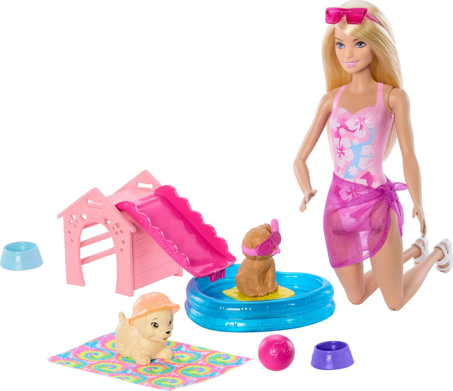 Barbie Puppy Pool Party-lekset med modedocka, hundhus och rutschkana, hjärtpool, 2 hundfigurer, 6 tillbehör och färgväxlare, JBF35