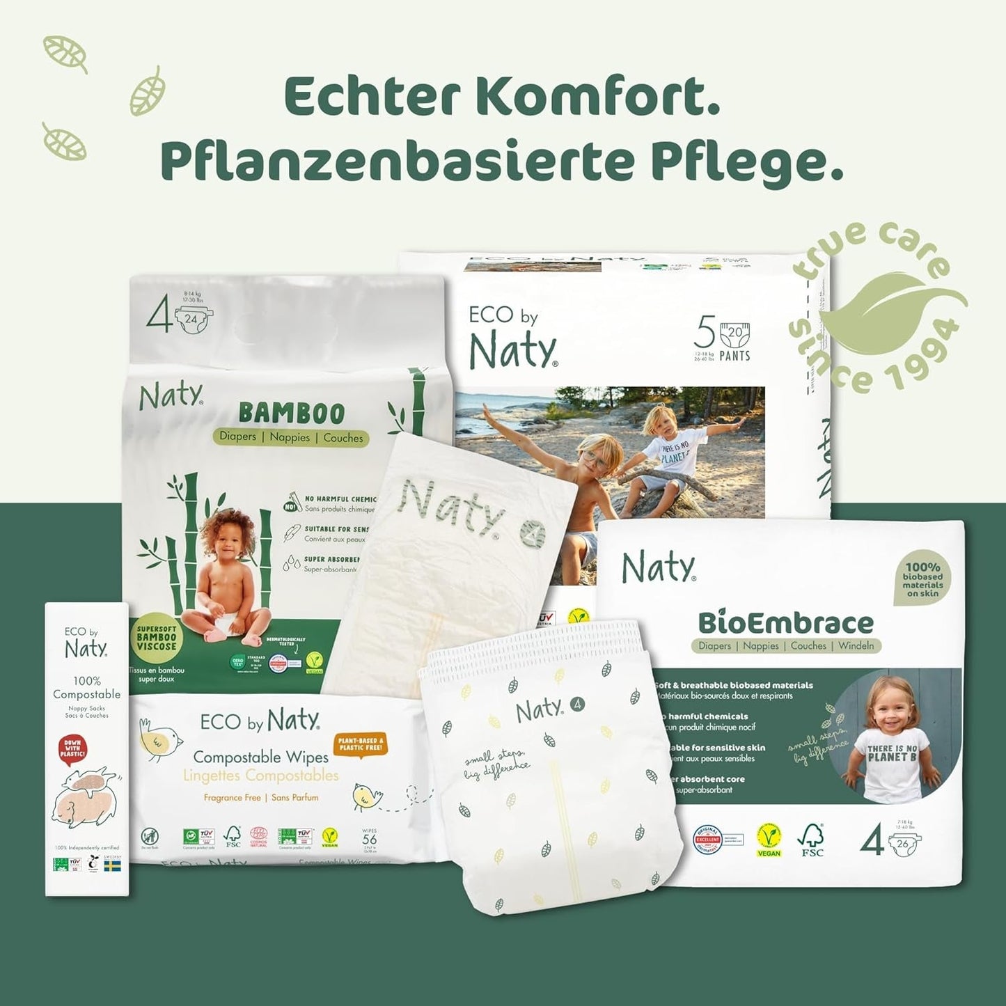 Naty BioEmbrace babyblöjor, storlek 3 (4–9 kg) | 100 % växtbaserade material, skonsamma mot huden | Andas mjukhet, dermatologiskt testad, utmärkt absorption | 100 st.