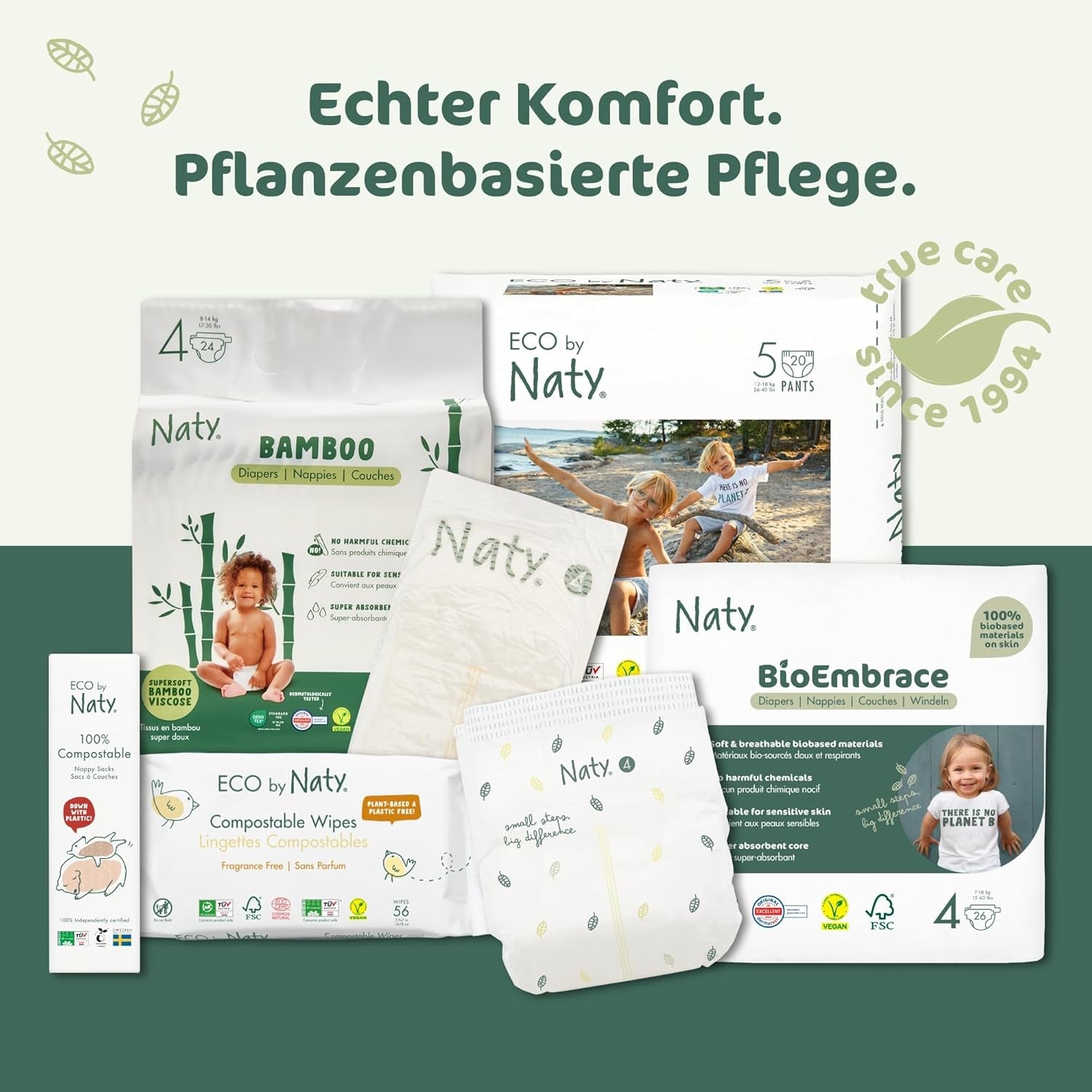 Naty BioEmbrace babyblöjor, storlek 3 (4–9 kg) | 100 % växtbaserade material, skonsamma mot huden | Andas mjukhet, dermatologiskt testad, utmärkt absorption | 100 st.
