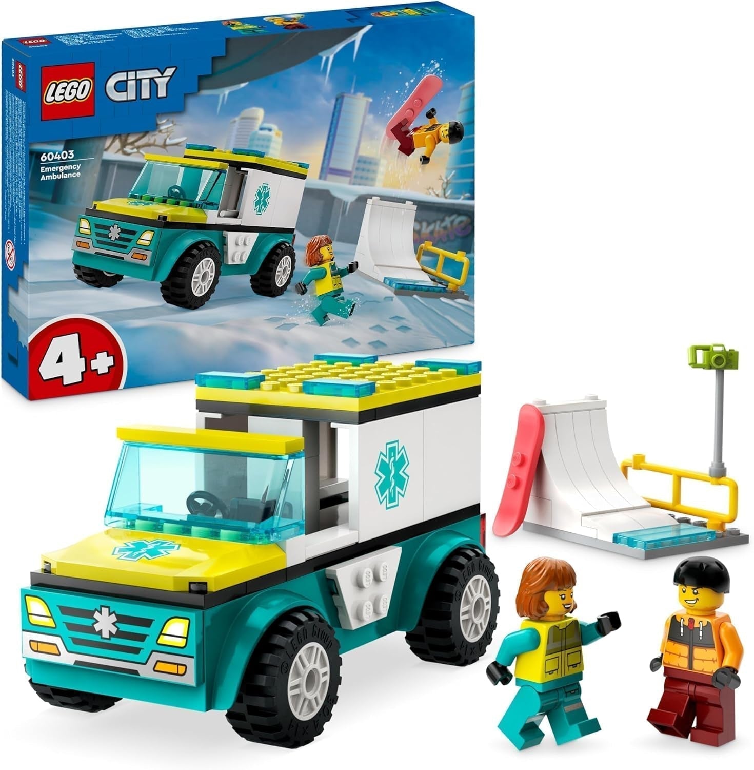 LEGO City Ambulans och Snowboardåkare, Ambulanslekset med leksaksbil och 2 minifigurer, Snowboardåkare och Paramedic Figur, fantasifull present till pojkar och flickor från 4 år 60403 Byggset Besuche den LEGO-Store Standardtitel