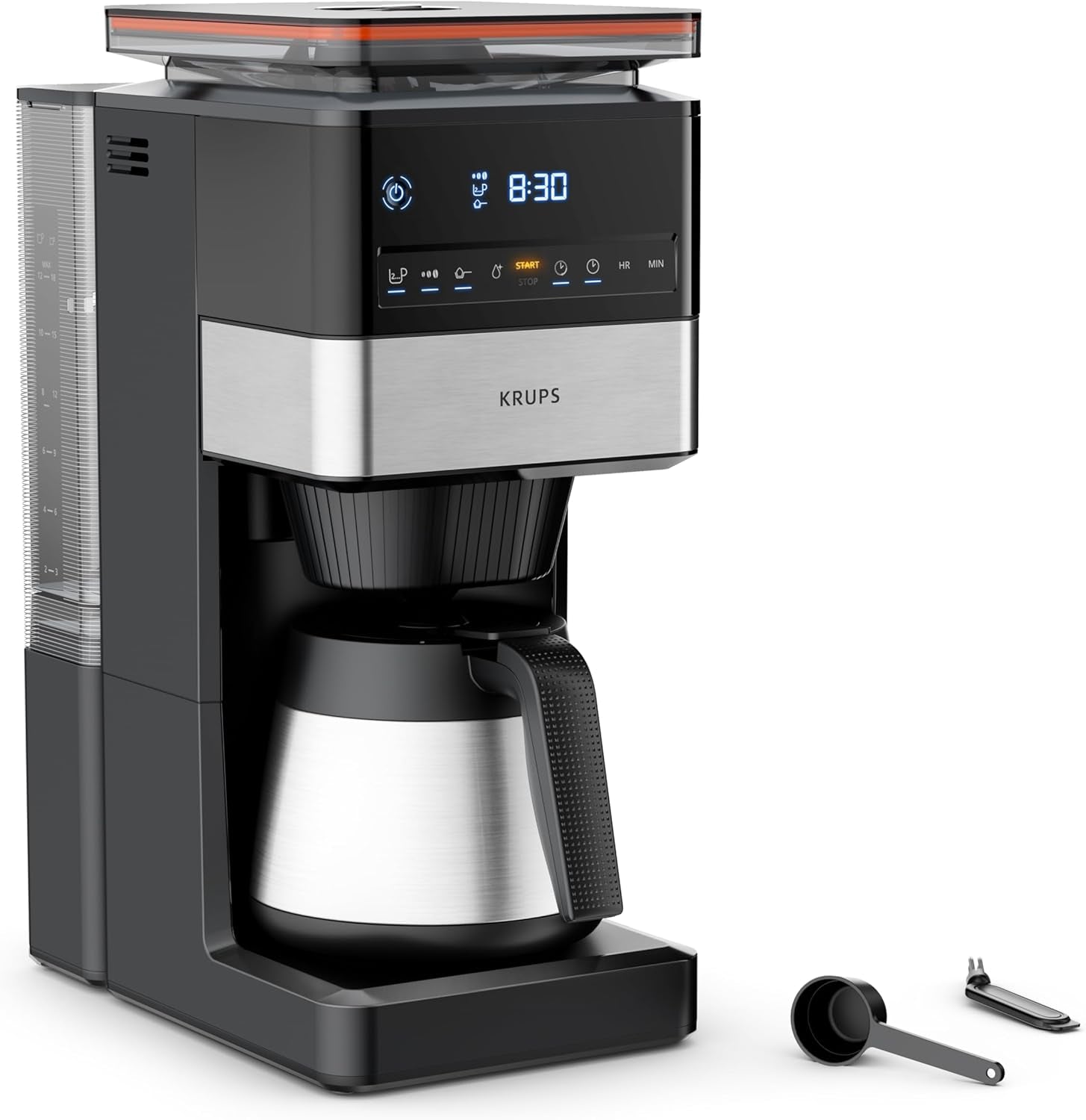 KRUPS Grind Aroma XL Espressobryggare, löstagbar konisk kvarn, Digital kontrollpanel, XL Kapacitet (1,5 L), Håll varm funktion, Glaskaraff, Svart/rostfritt stål, KM842810