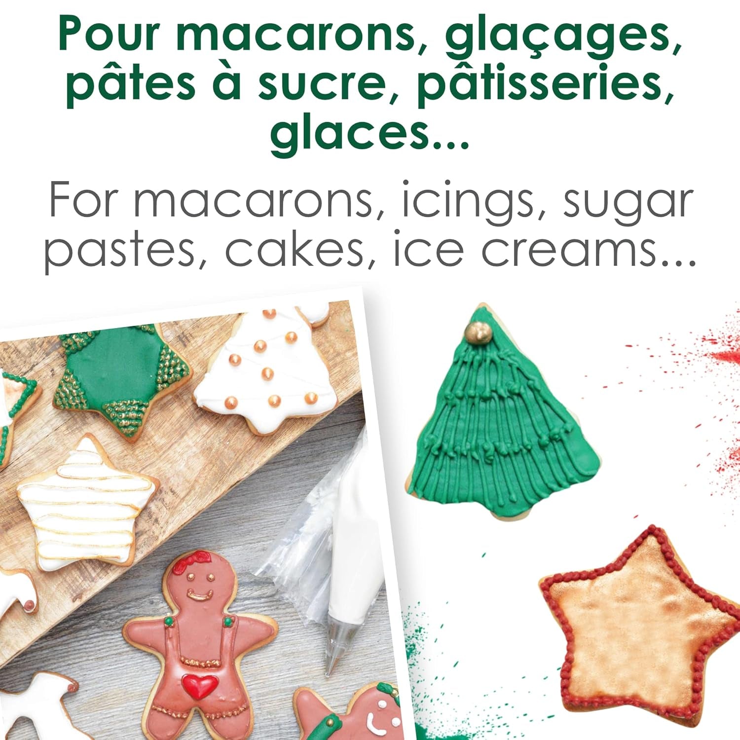 Scrapcooking - Set med 3 pulveriserad julmatfärgning - röd, grön, guld - ätbar matfärg för bakning, kakor, kakor, bakverk, deg, fondant - juldekorationer - 4018