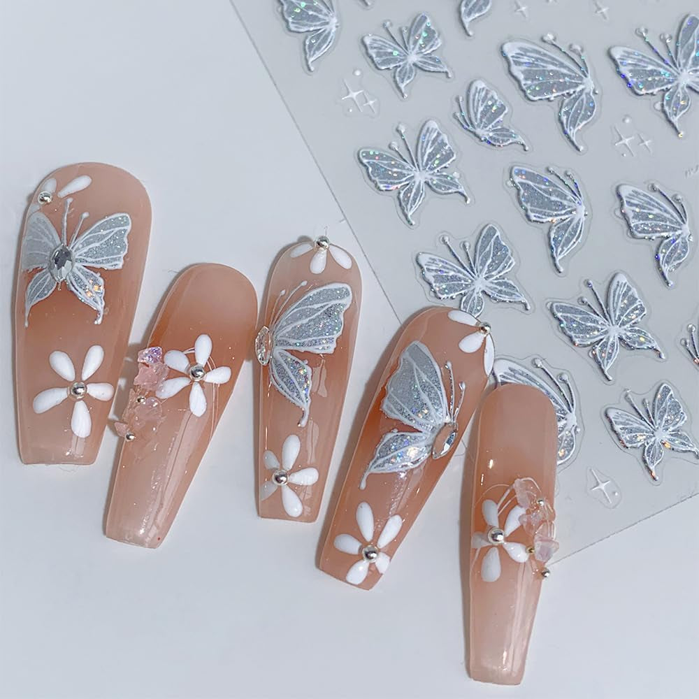 Aurora Muschel Schmetterling Nagelsticker Weiß Schmetterlinge Nageldekal Gelee Relief Butterfly Nagelaufkleber Y2K Butterflies Nagel Sticker Nägel Nageldesign Nagel Zubehör Nail Art Stickers Nailart