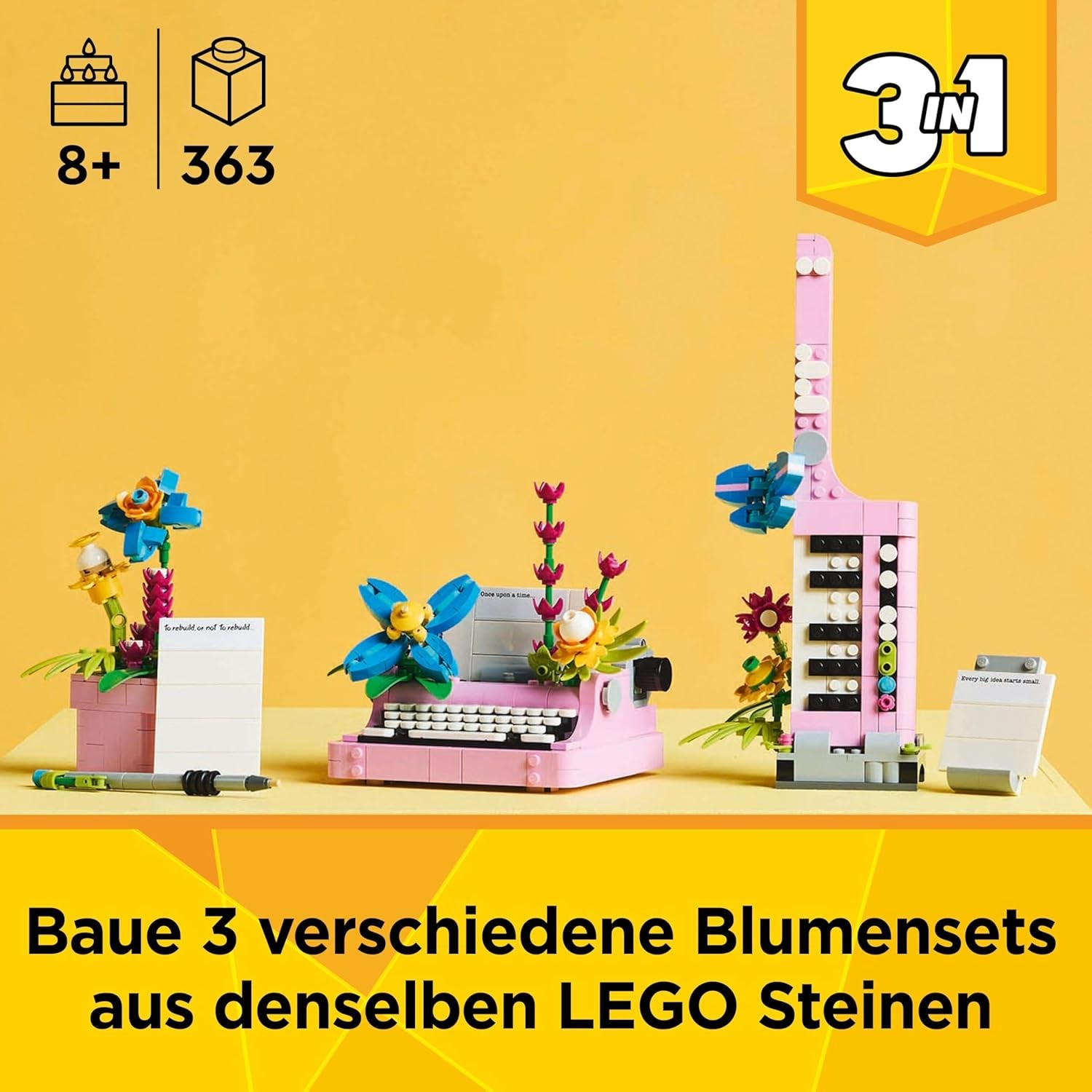 LEGO Creator 3In1 skrivmaskin med blommor - konvertibel leksak till en Keytar-modell eller till en blomkruka med anteckningsbok och penna - byggset - present till flickor och pojkar från 8 år 31169 Byggset Besuche den LEGO-Store