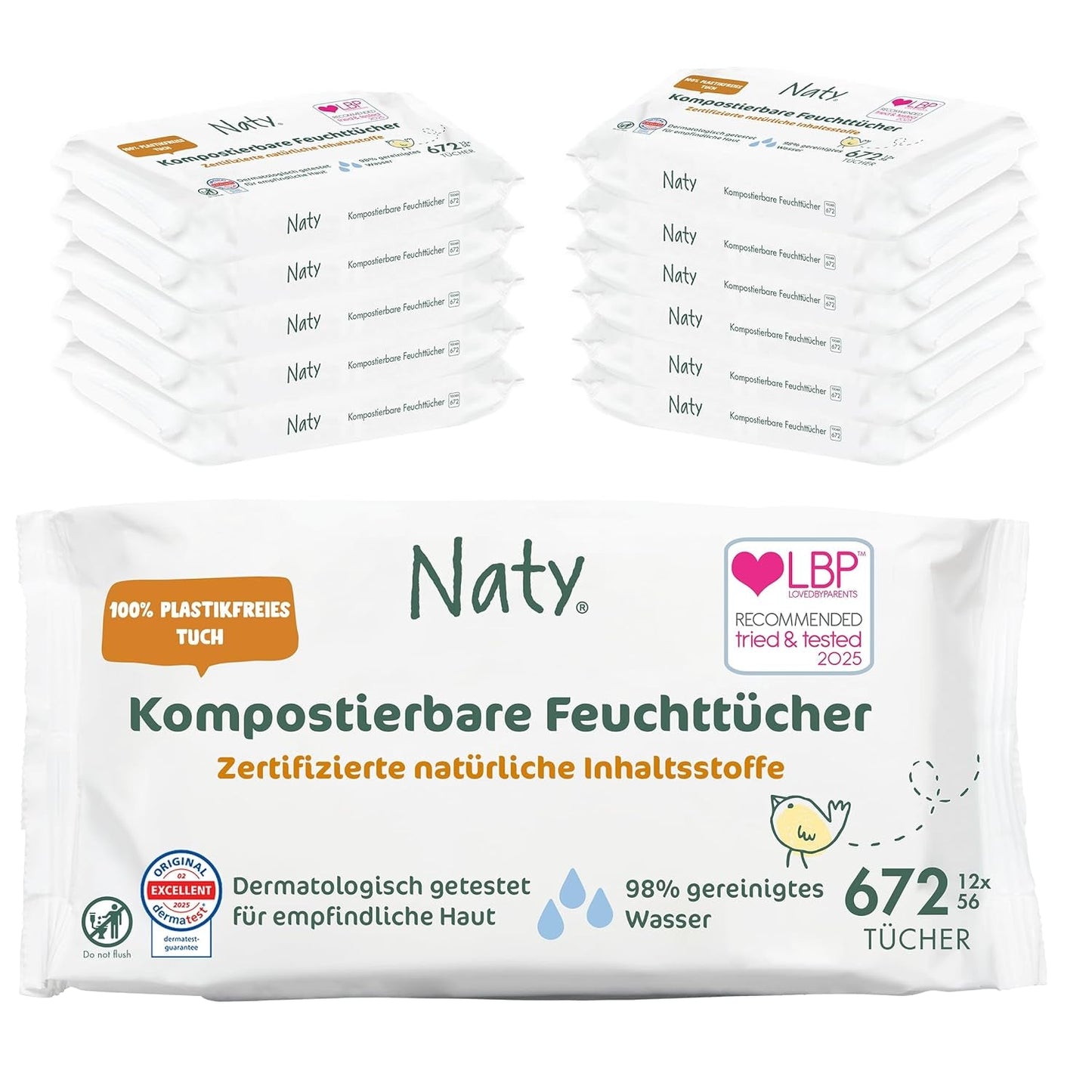 Naty babyservetter | 100 % ört- och doftfri för känslig hud | Plastfria och certifierade komposterbara våtservetter med 98 % renat vatten | 672 våtservetter (12 förpackningar)