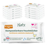 Naty babyservetter | 100 % ört- och doftfri för känslig hud | Plastfria och certifierade komposterbara våtservetter med 98 % renat vatten | 672 våtservetter (12 förpackningar)