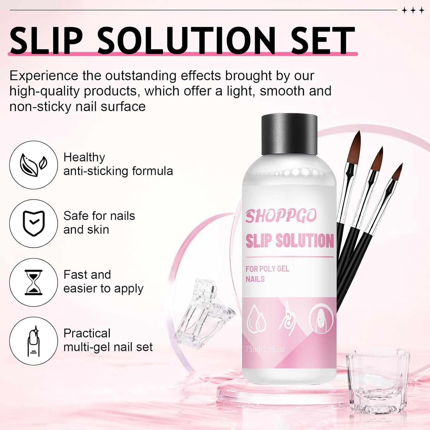 Polygel Nail Solution, Poly Gel Slip Solution Nail Kit, Polygel Liquid Nail Solutions 75 ml, 5 nagelklämmor, 3 nagelborstar, 1 kristallkopp, 100 rengöringsark