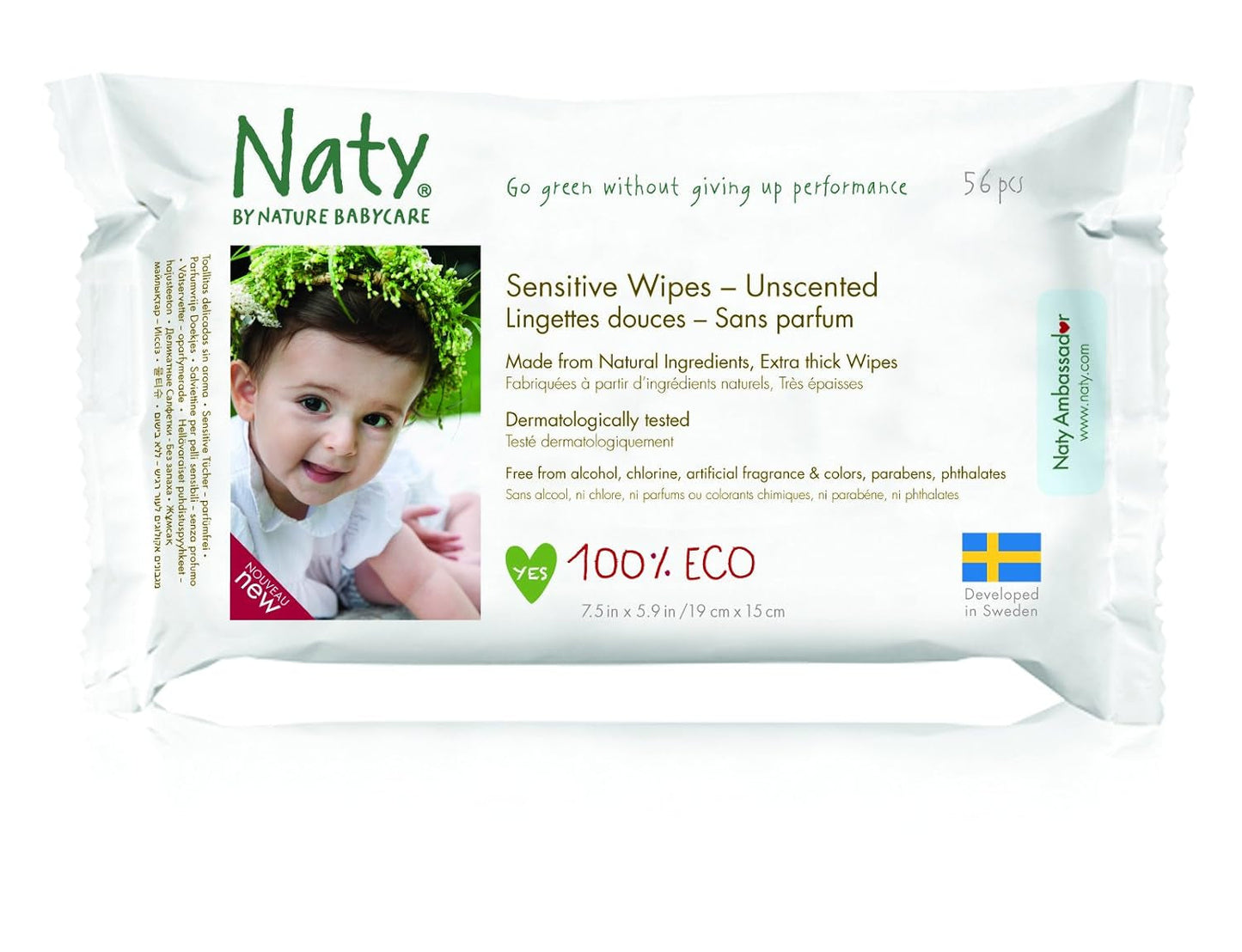 Eco by Naty Baby Care, ekologiska våtservetter för bebisar, oparfymerad, 56 blöjor