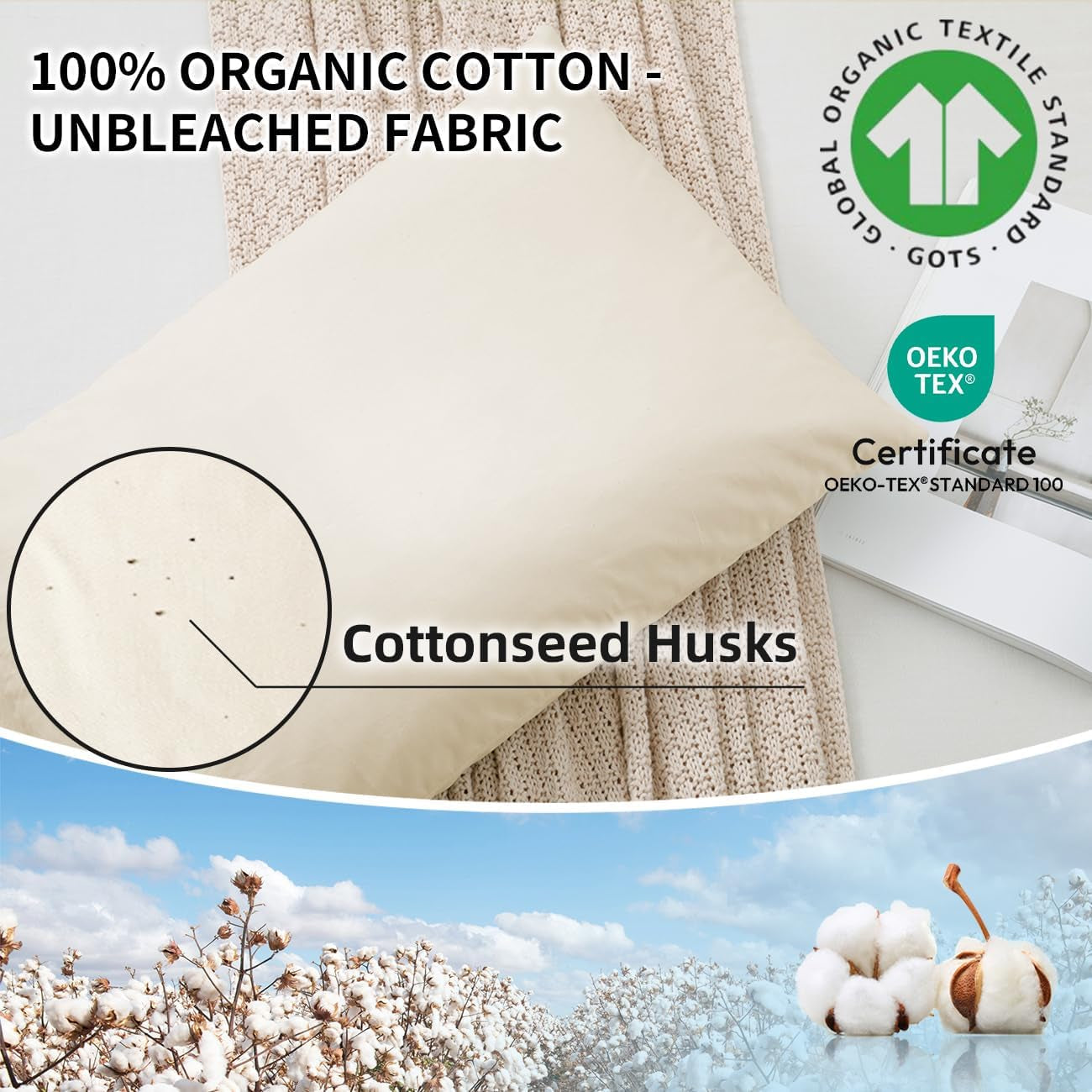 LOFE Organic Bovete Sovkudde 14" X 20" Justerbar Andas Cool Sleep cervikalt stöd för rygg- och sidosliprar (tartariskt boveteskrov) Naty Shop Standardkuddar