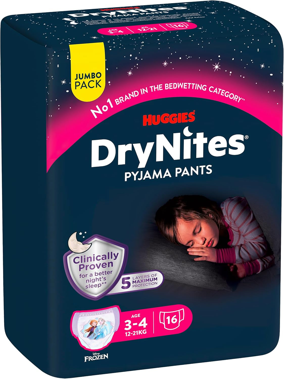 Huggies DryNites Superabsorberande nattblöjor för flickor 3-4 år (12-21 kg) 4 x 16 Count (64 Count totalt) Månatligt trosapaket