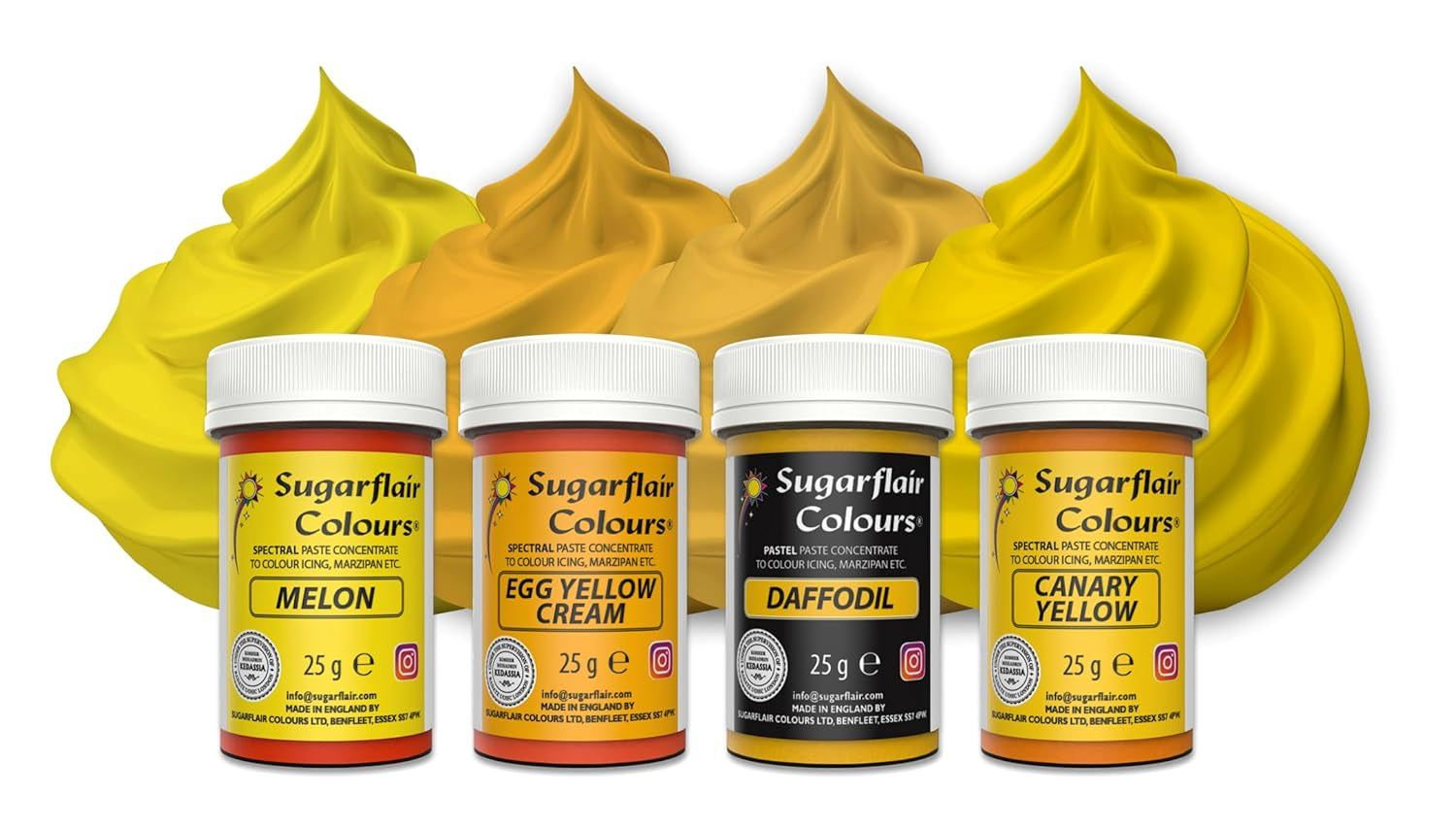 Sugarflair Pasta Food Coloring Yellow Set med 4 Pasta Food Coloring Fondant Marsipan Sugar Paste Buttercream och mer: Påsklilja Canary Yellow Creme Egg Melon Set om 4