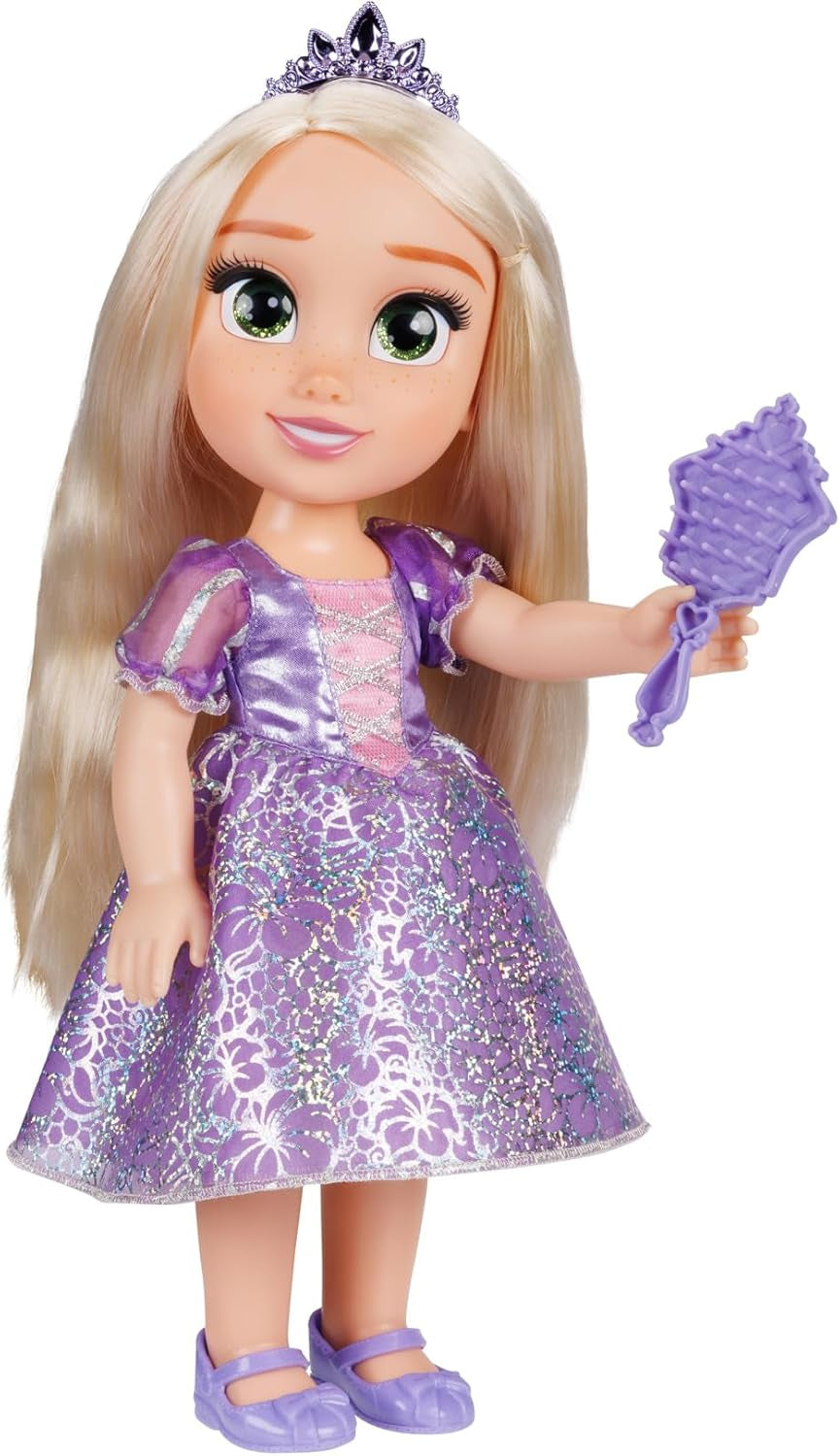 Disney Princess Rapunzel 35 cm docka, reflekterande glitterögon, rörliga leder, avtagbar klänning, skor, krona, långt blont hår, för tjejer 3+