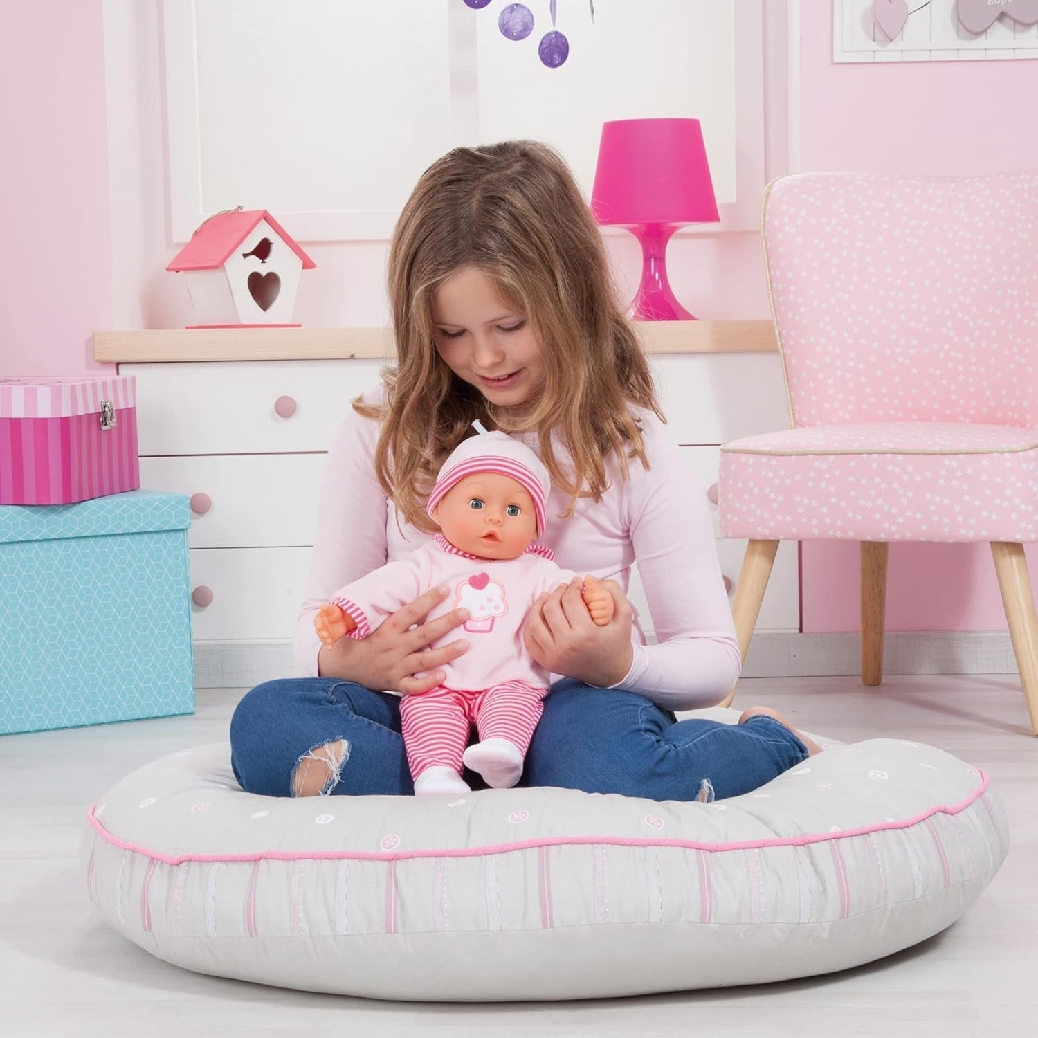 First Words docka med sömniga ögon, talar 24 babyljud, med docka och flaska, 38 cm, rosa/ränder Naty Shop Dolls
